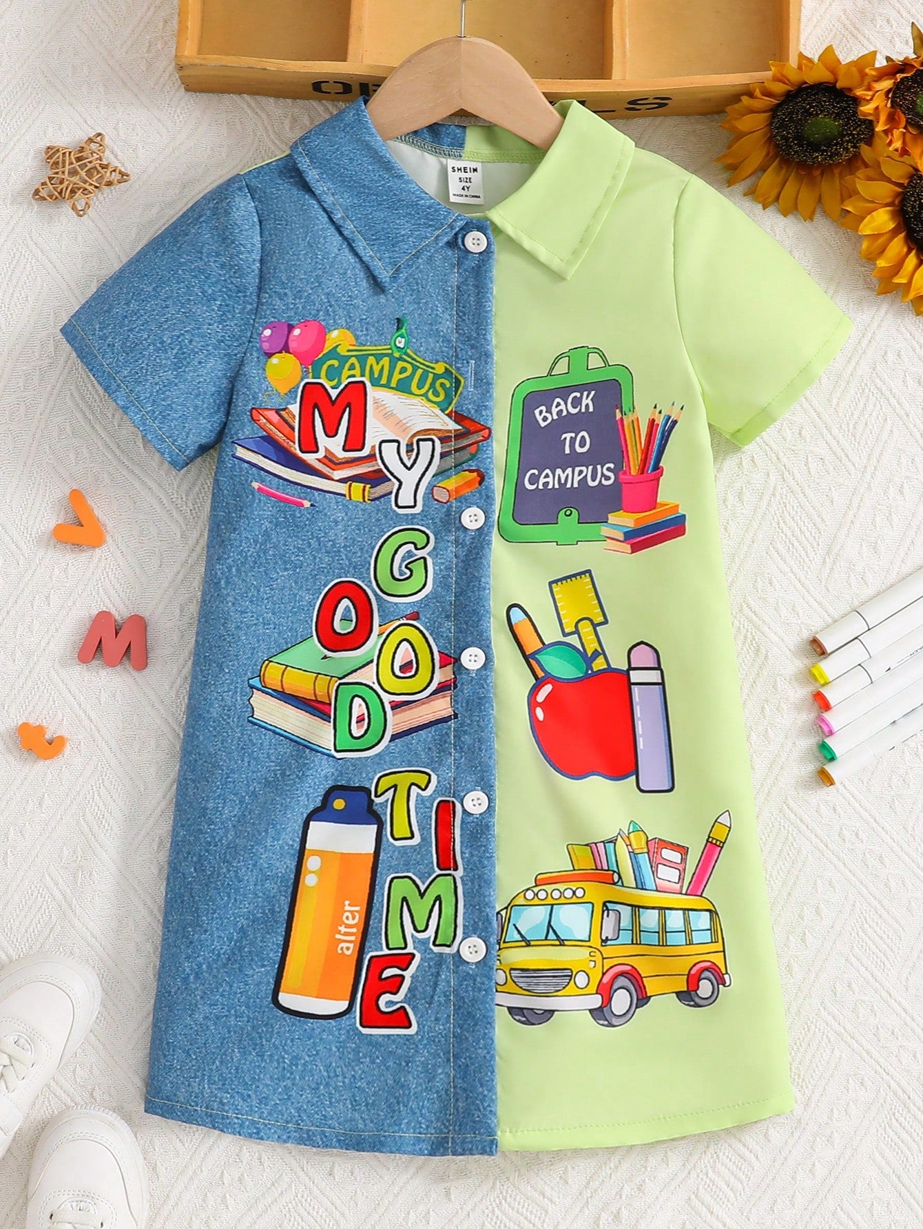 Young Girl Short Sleeve Two-Tone Printed Shirt Dress With Single Row Button, Spring/Summer