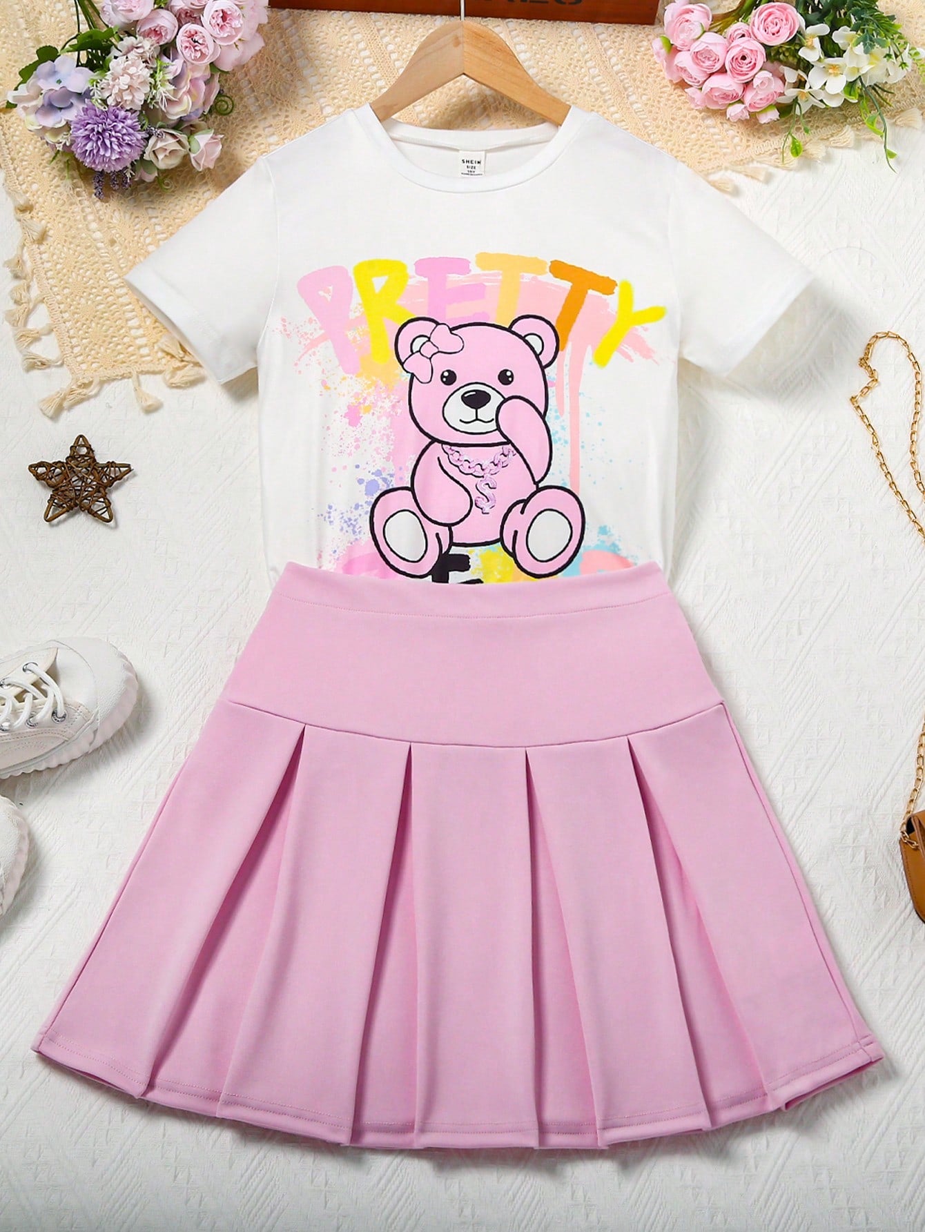 Tween Girl Street Style Cartoon Bear & Letter Printed Short Sleeve T-Shirt And Pleated Skirt