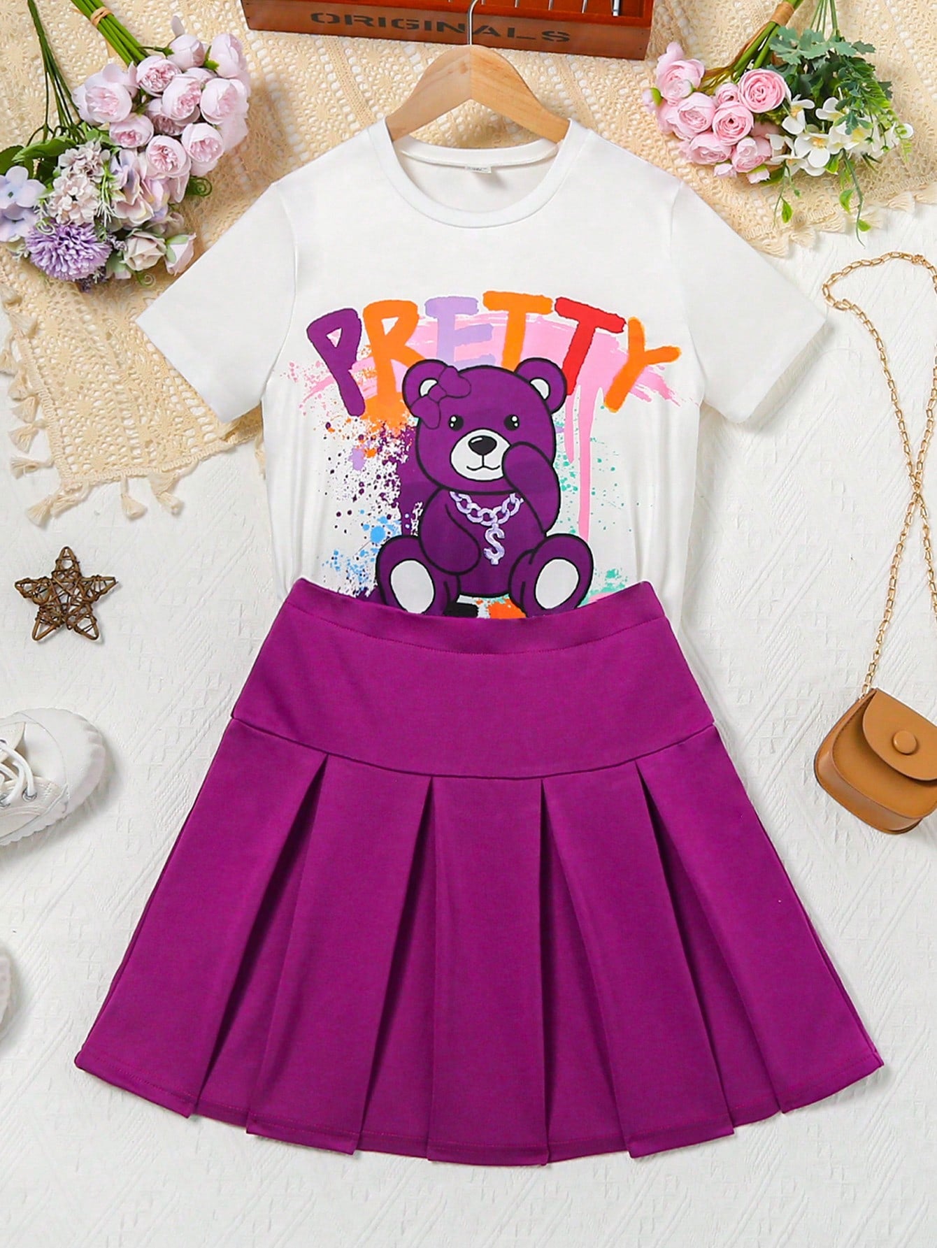 Tween Girl Street Style Cartoon Bear & Letter Printed Short Sleeve T-Shirt And Pleated Skirt