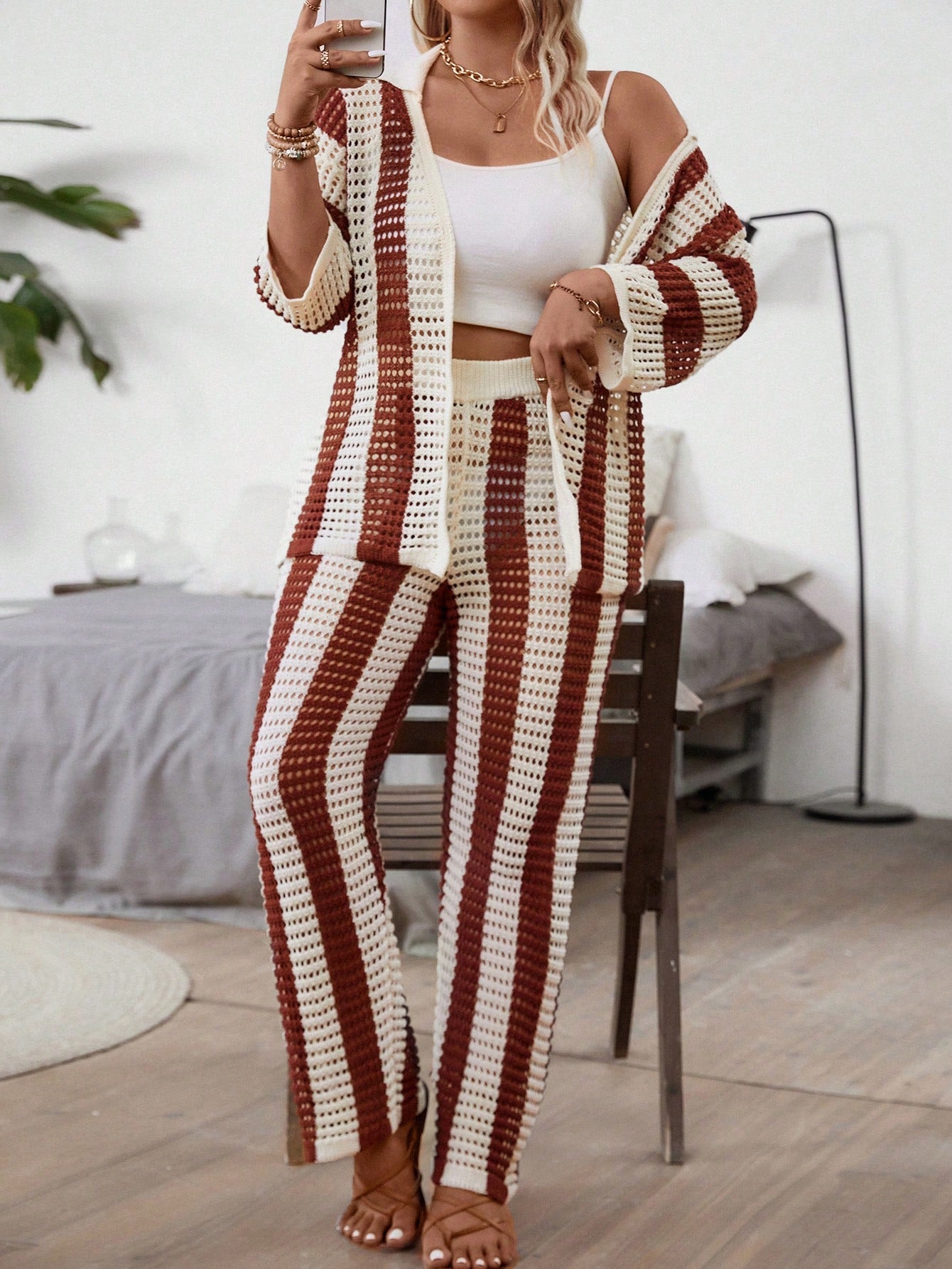 Plus Size Women Beach Hollow Knitted Contrast Stripe Polo Collar Sweater And Pants Sweater Set