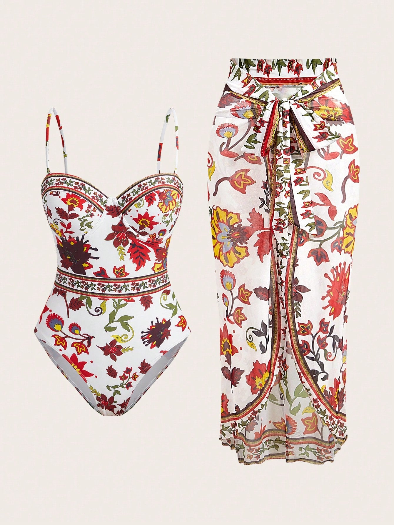 Swim Oasis Summer Beach Women Beach Resprt Flower Print One-Piece Swimsuit With Cami Strap, Matched With Cover-Up And Skirt