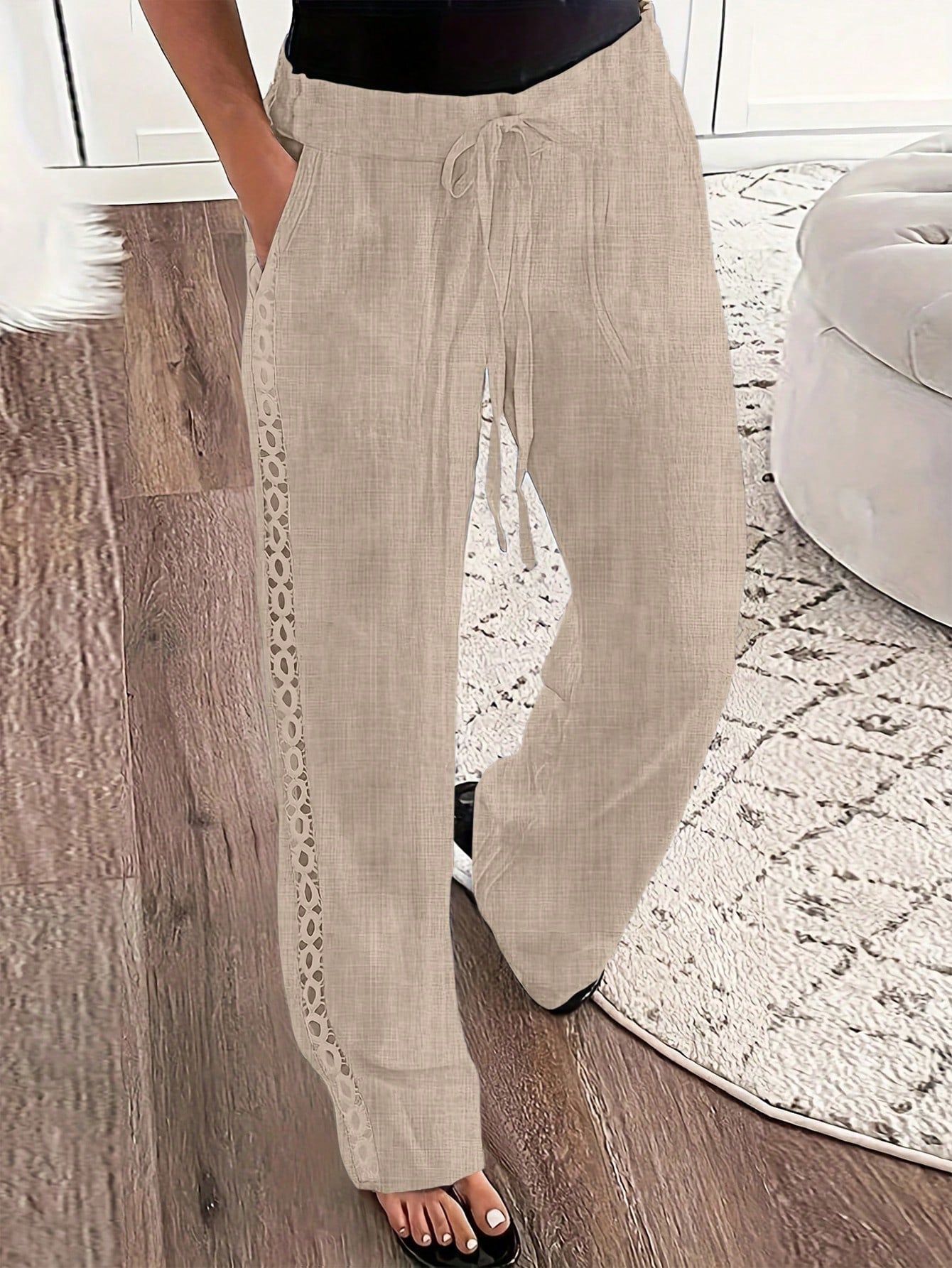 Ladies' Imitation Denim Linen Blend Side Lace Insert Long Pants