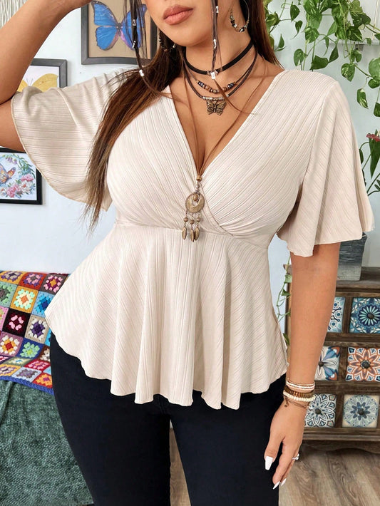 Plus Size V-Neck Ruffled Sleeve Tee With Short Hem