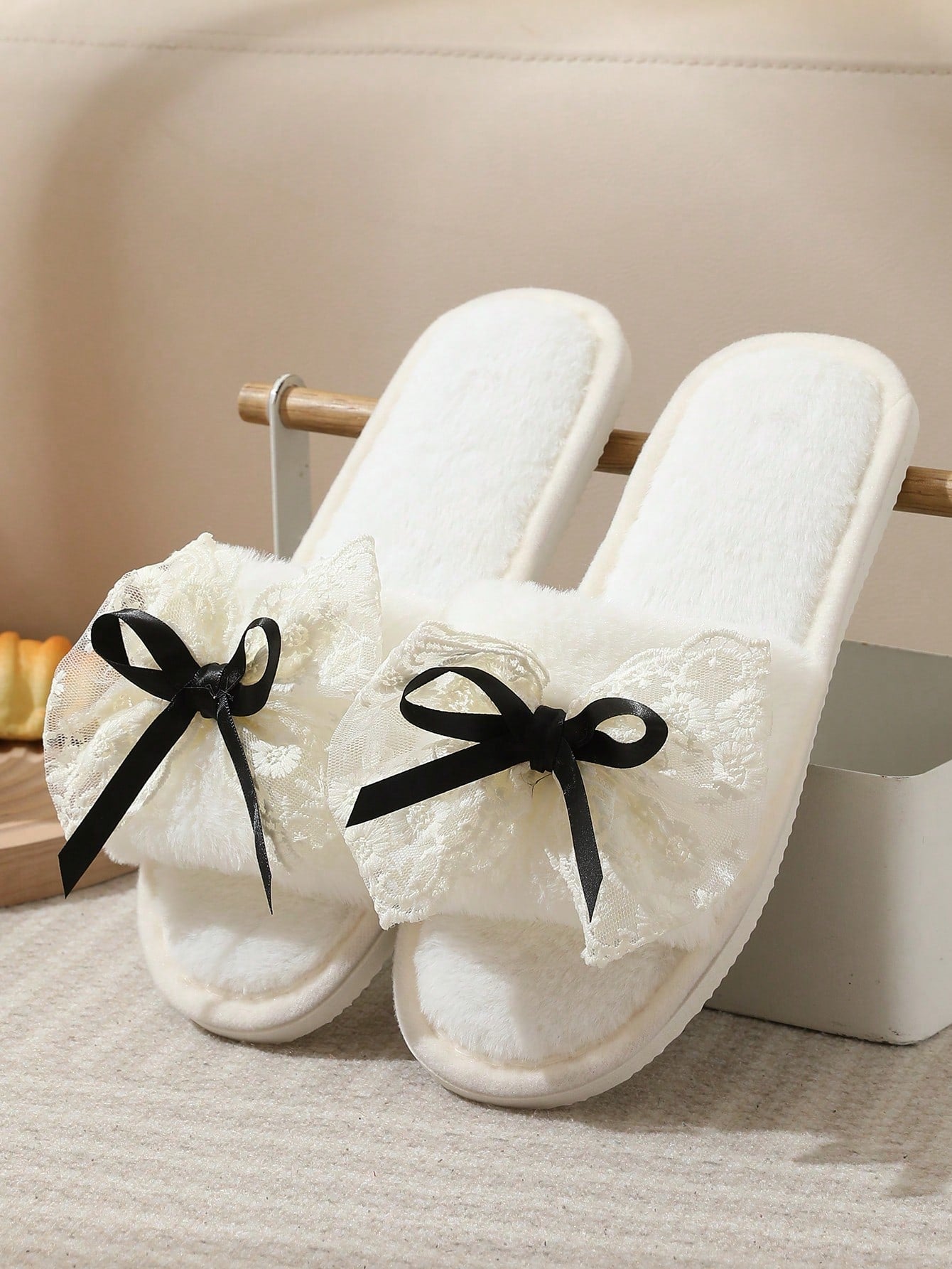 Fluffy Bowknot Slippers For Women, Soft Indoor House Shoes, Silent Anti-Slip Plush Slides