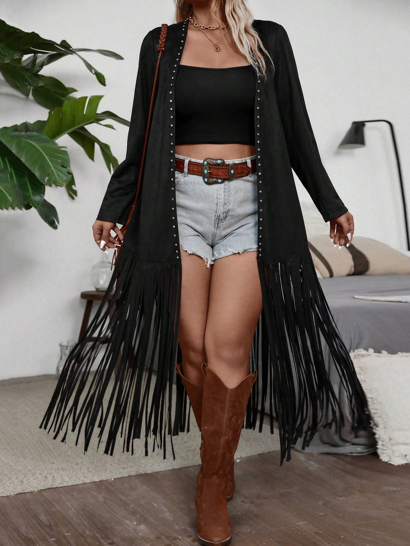 Plus Size Long Sleeve Thin Coat With Front Beaded Embellishment, Fringed Hem And Splice Design