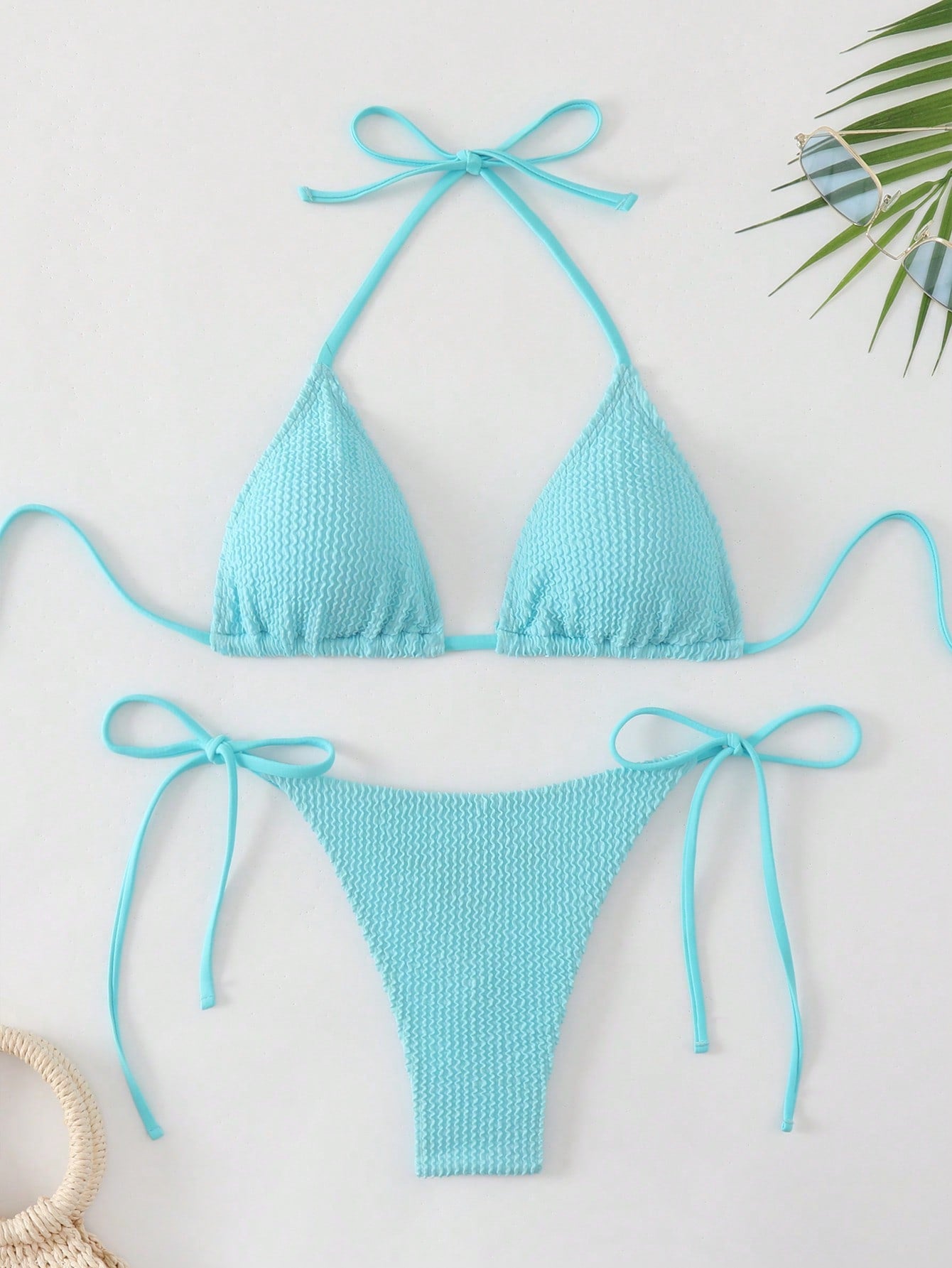 Swim Summer Beach Textured Halter Triangle Bra & Tie Side V-String Bottom 2 Piece Bathing Suit