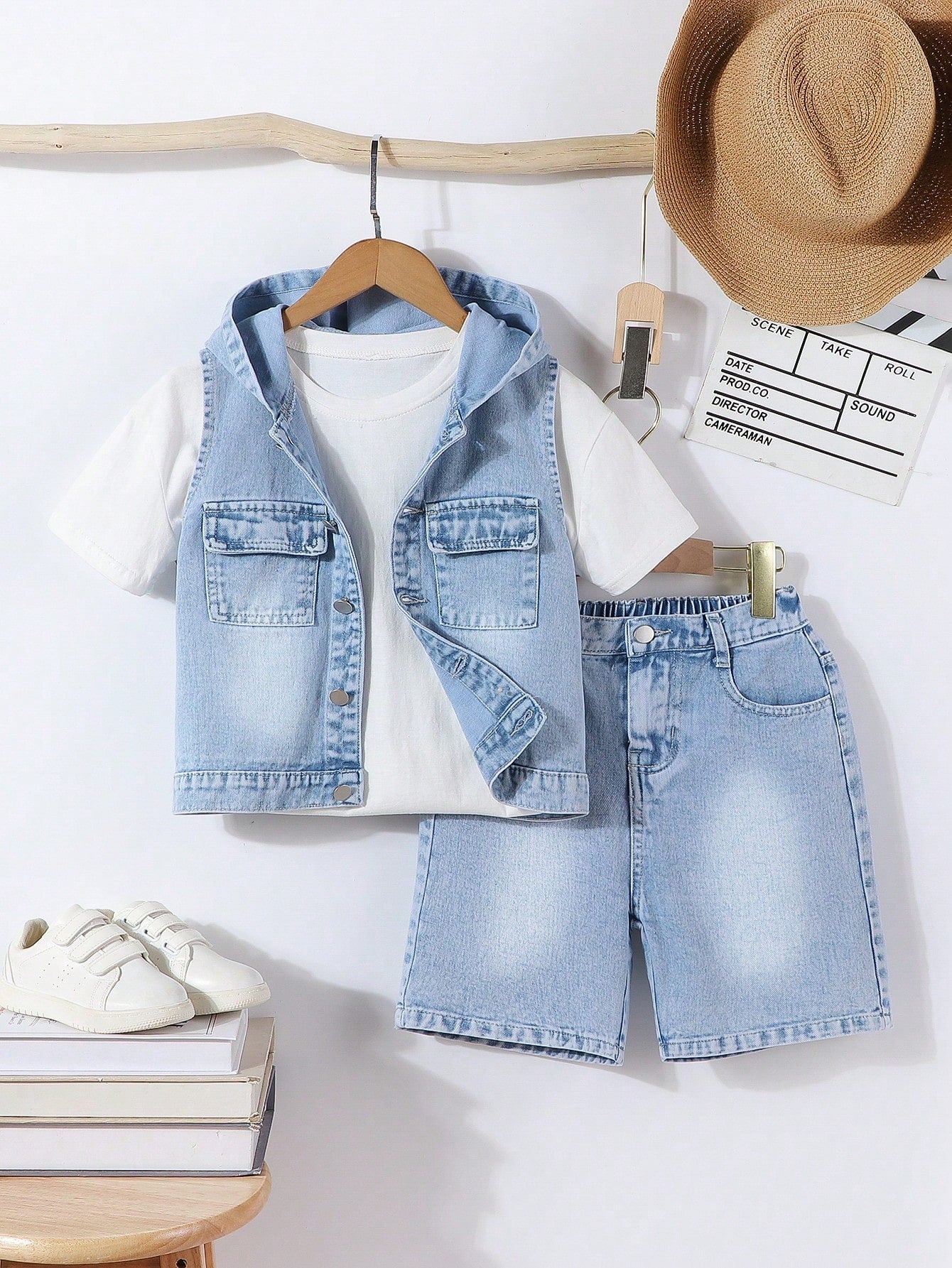 Tween Boy Sleeveless Hooded Denim Vest With Front Buttons And Solid Color Denim Shorts With Pockets, Summer Casual Outfit