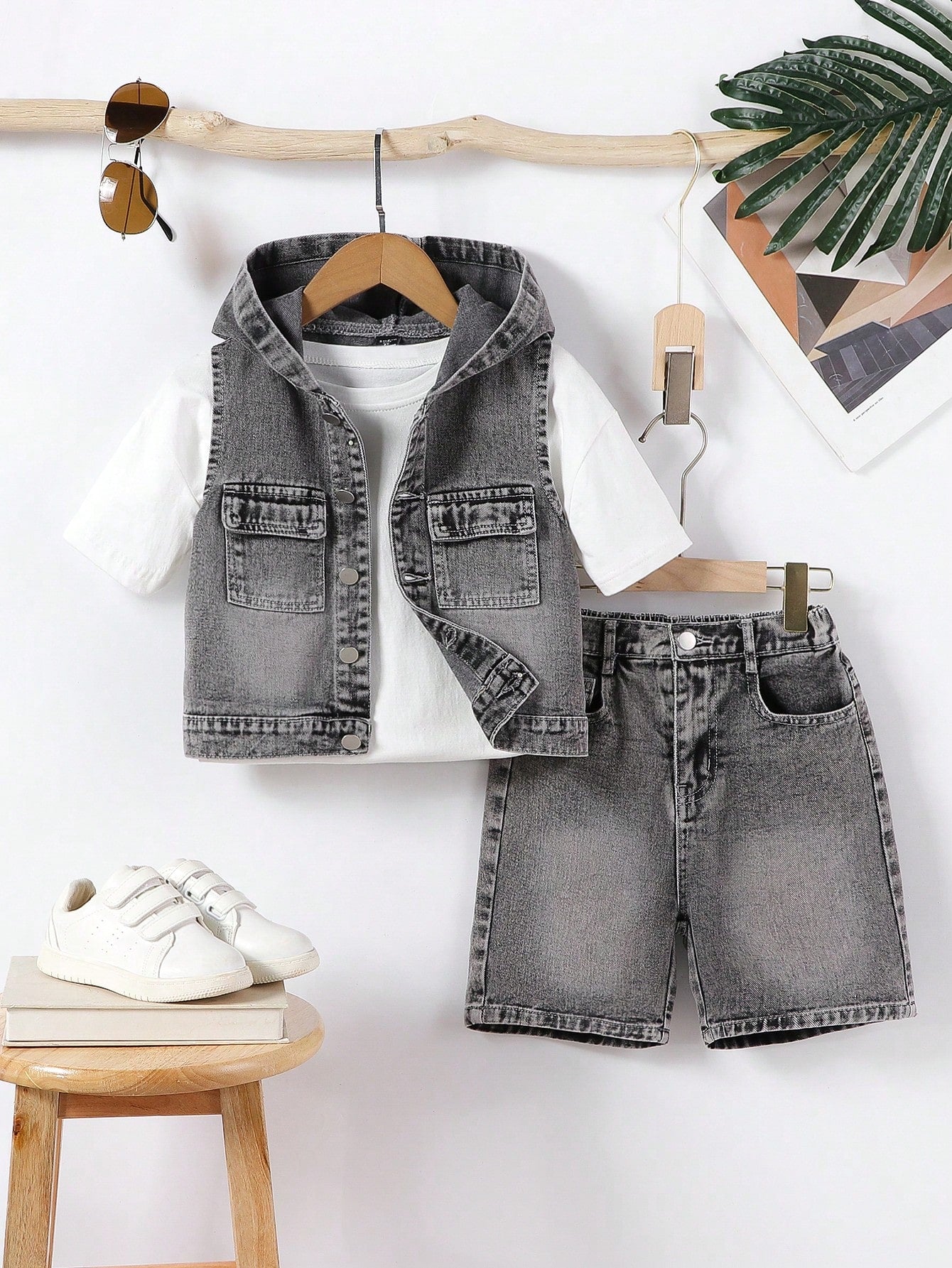 Tween Boy Sleeveless Hooded Denim Vest With Front Buttons And Solid Color Denim Shorts With Pockets, Summer Casual Outfit