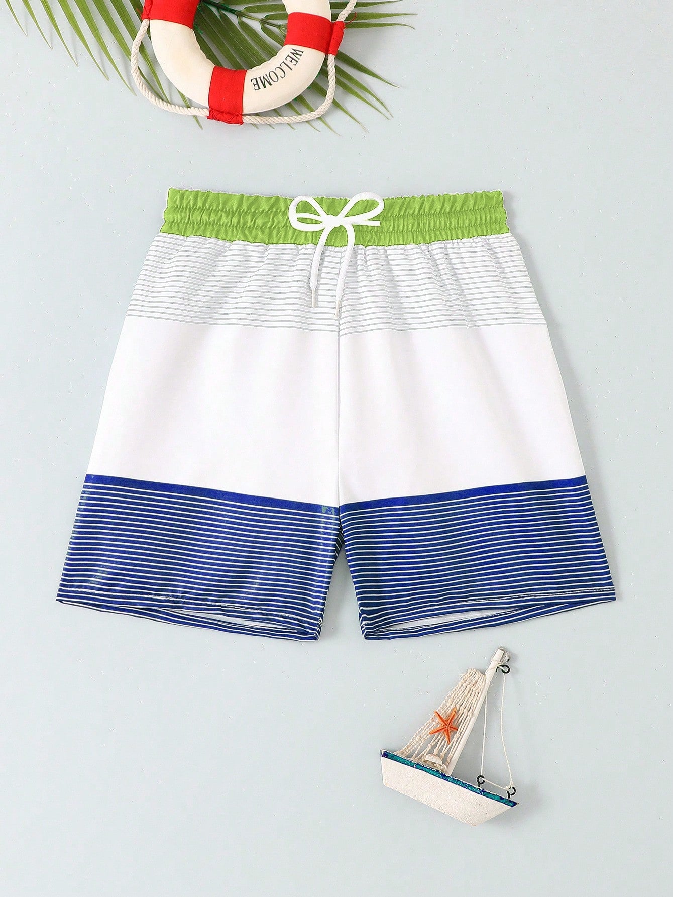 Young Boy Striped Colorblock Drawstring Waist Swim Shorts