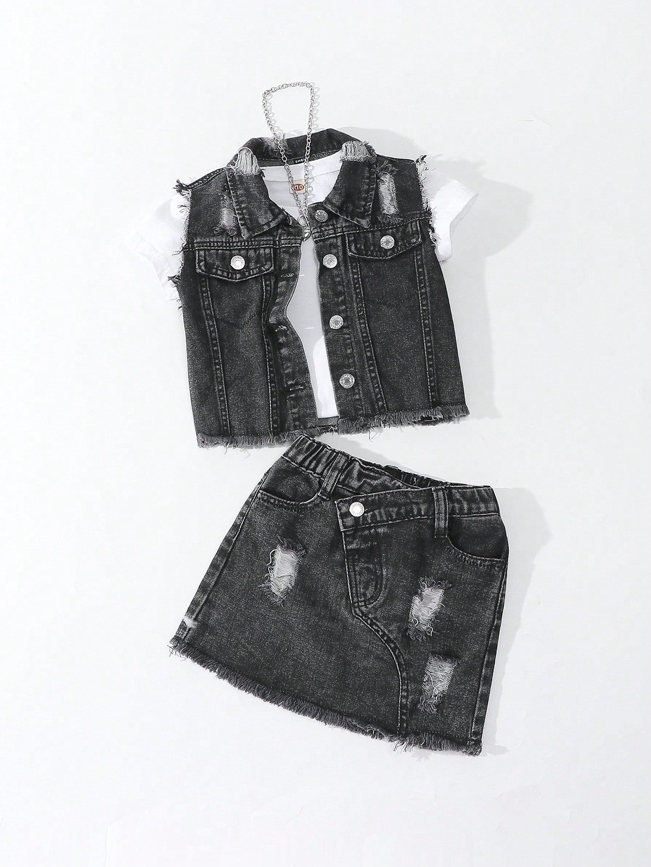 Young Girl Y2K Cool Light Blue Vintage Wash Frayed Ripped Denim Vest & Asymmetric Elastic Waist Frayed Hem Denim Skirt Set