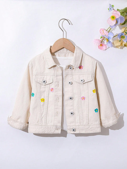 Young Girls' Floral Embroidered Single-Breasted Denim Jacket