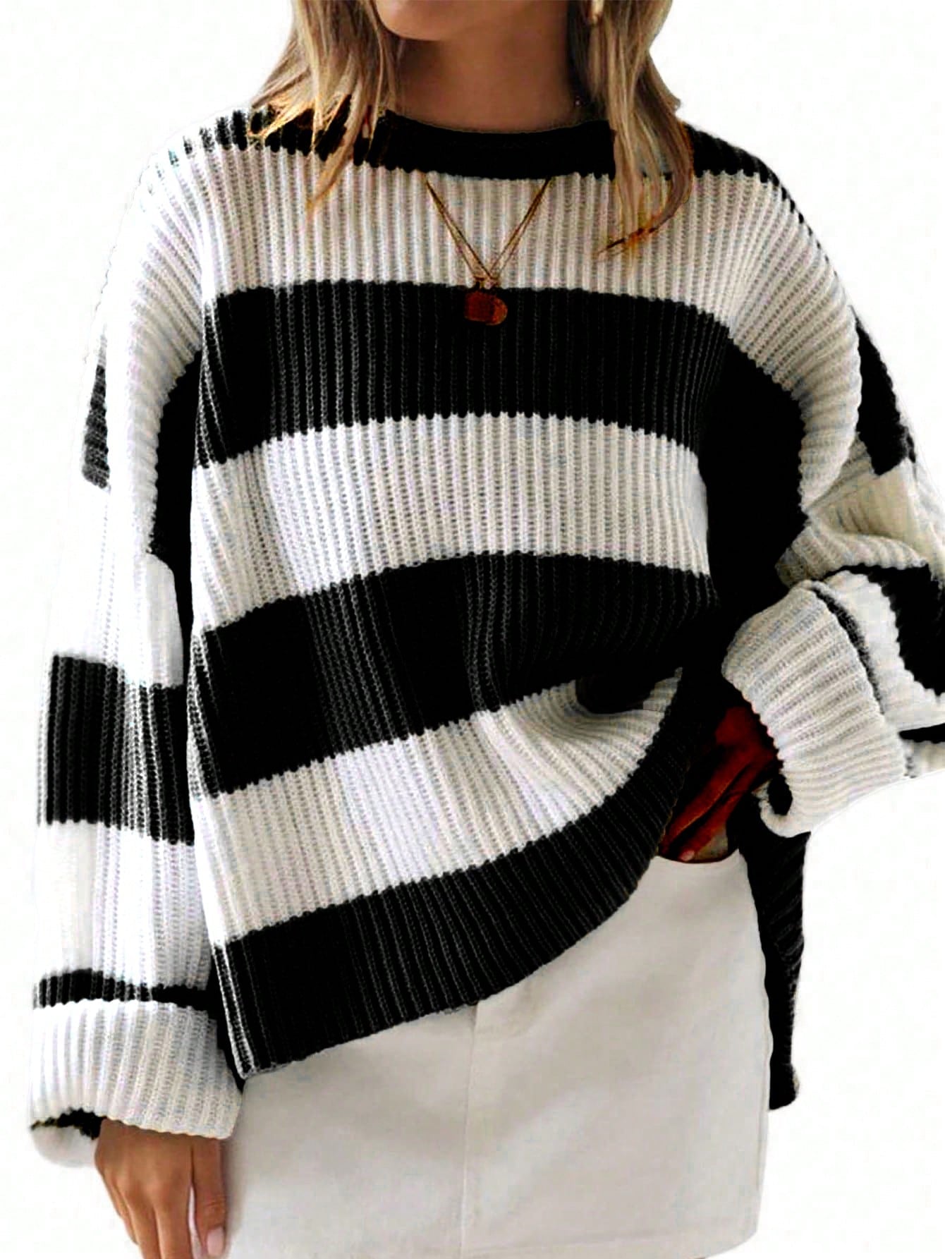 Plus Size Women Spring And Autumn Loose Round Neck Drop-Shoulder Long Sleeve Striped Casual Sweater Pullover