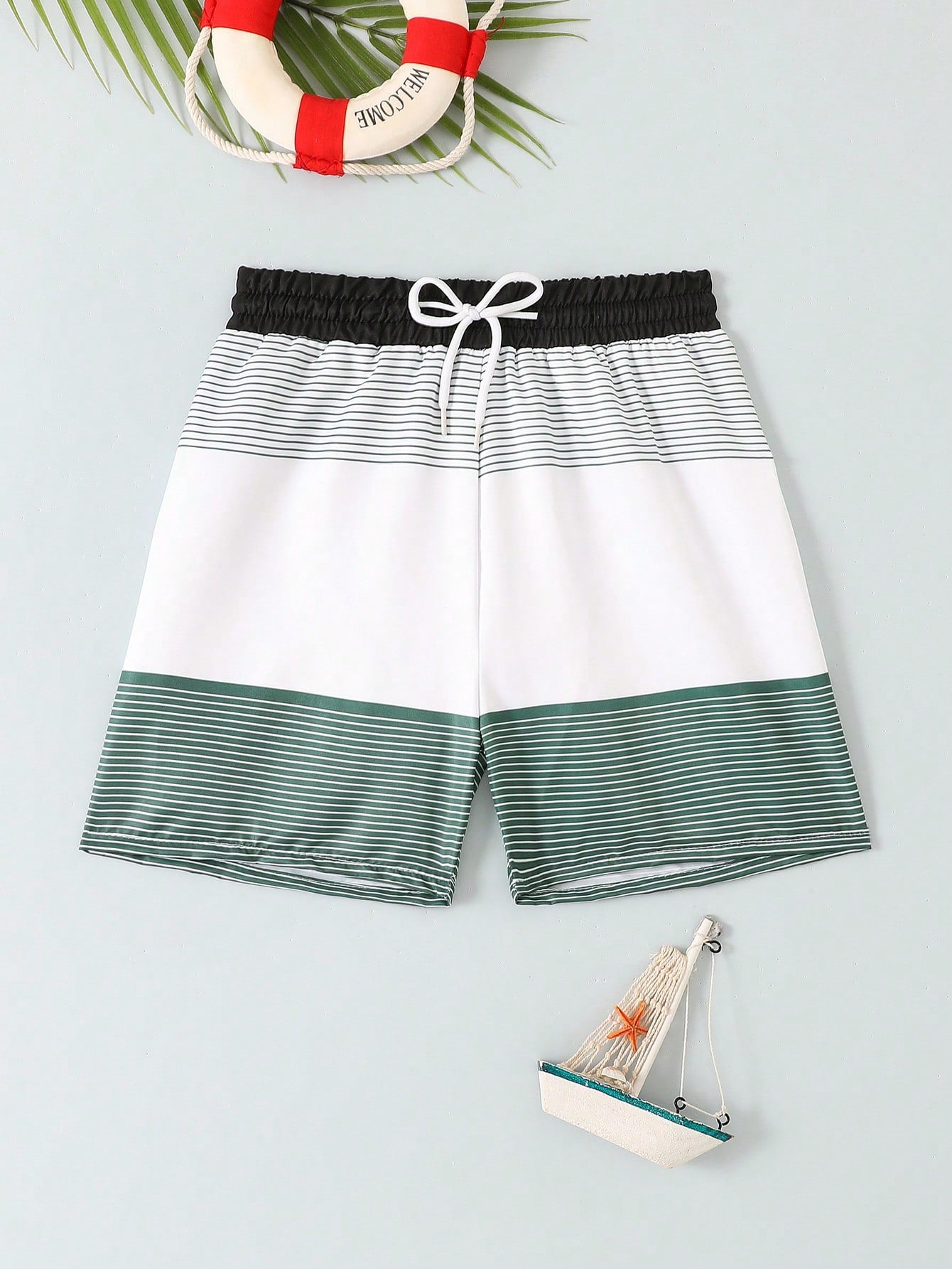 Young Boy Striped Colorblock Drawstring Waist Swim Shorts