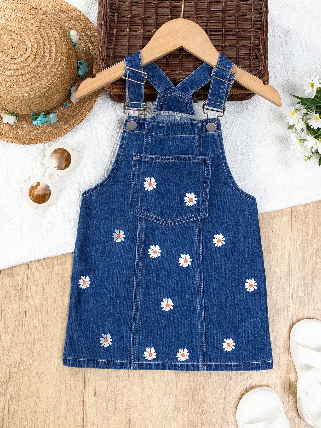 Young Girls Floral Print Pocket Front Denim Overall Dress For Summer