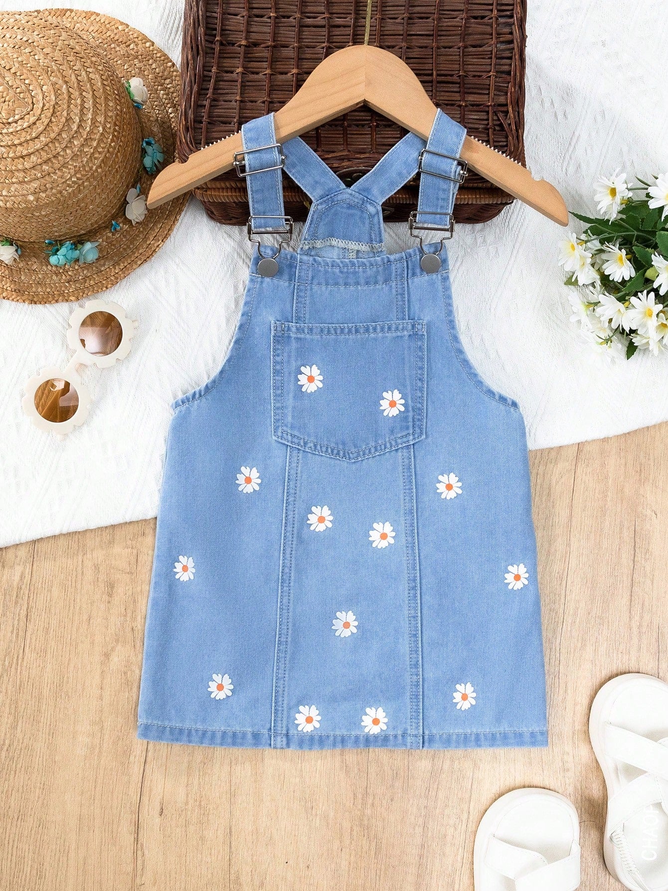 Young Girl Floral Print Pocket Patched Denim Overall Dress