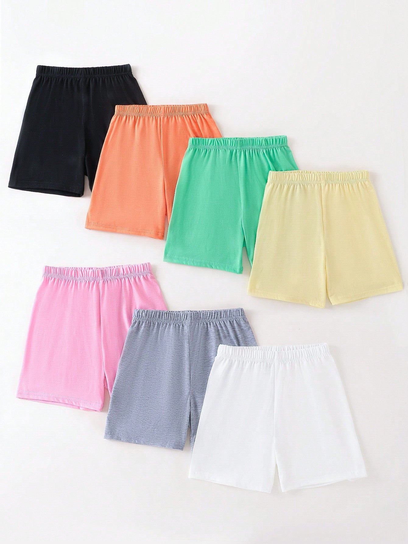 Tween Girl Seven-Pack Solid Elastic Waist Summer Biker Shorts