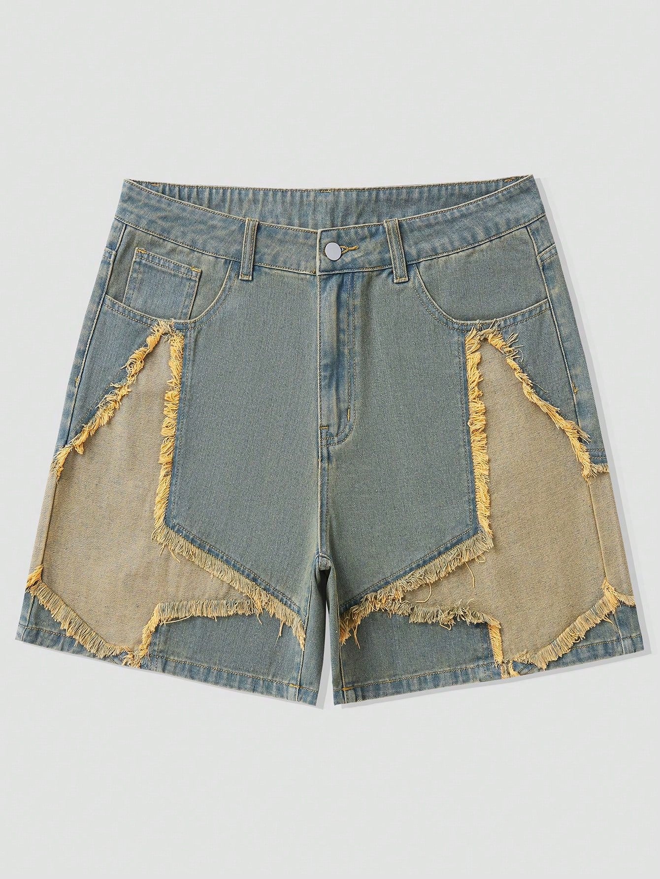 Street Life Men Summer Casual Frayed Hem Denim Shorts With Star Patch