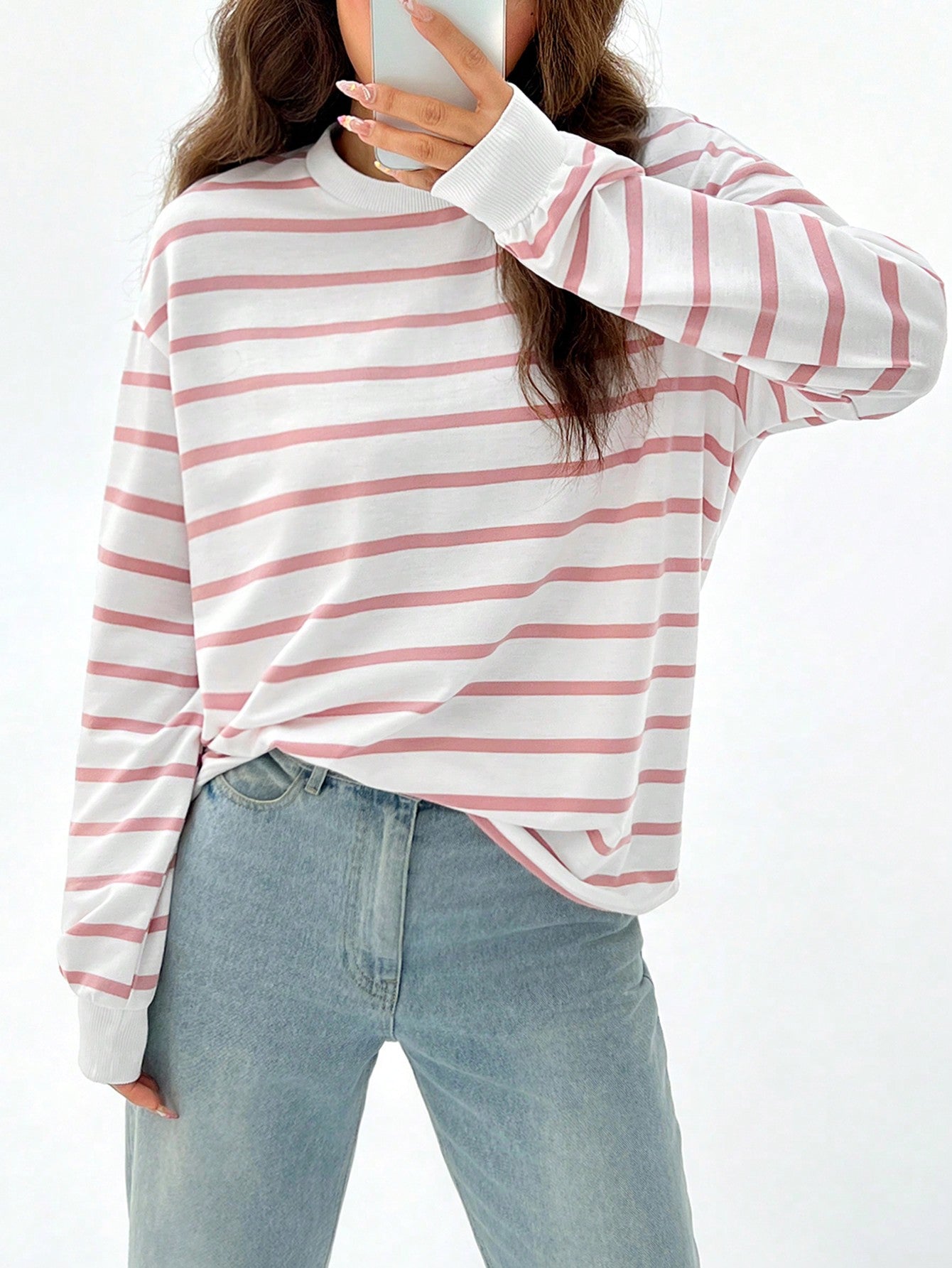 Spring White Striped Print Drop Shoulder Sweatshirt Hoodie