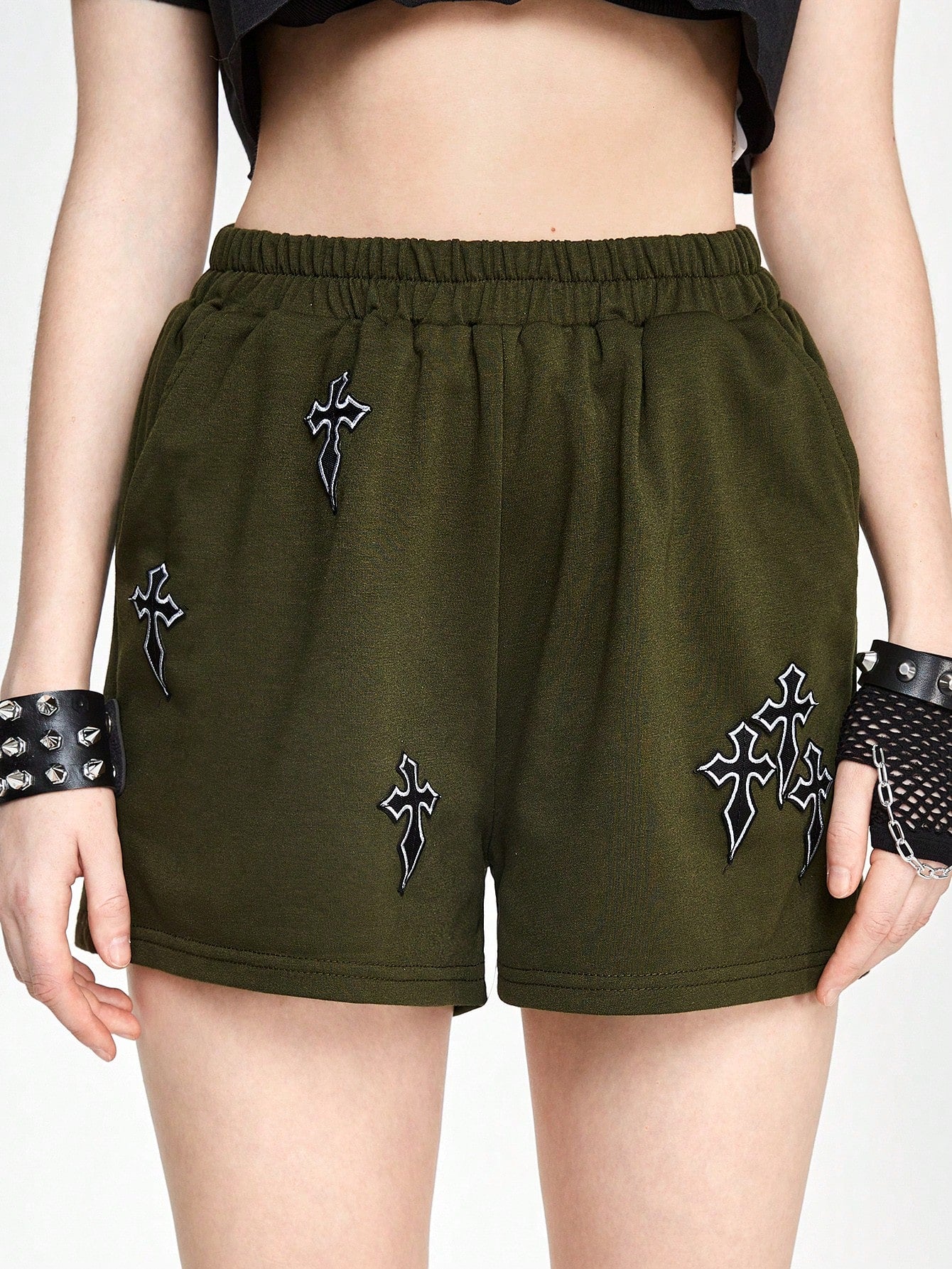 Casual & Cute Elastic Waist Cross Patch Solid Color Ladies' Shorts For Daily Wear And Work Commute