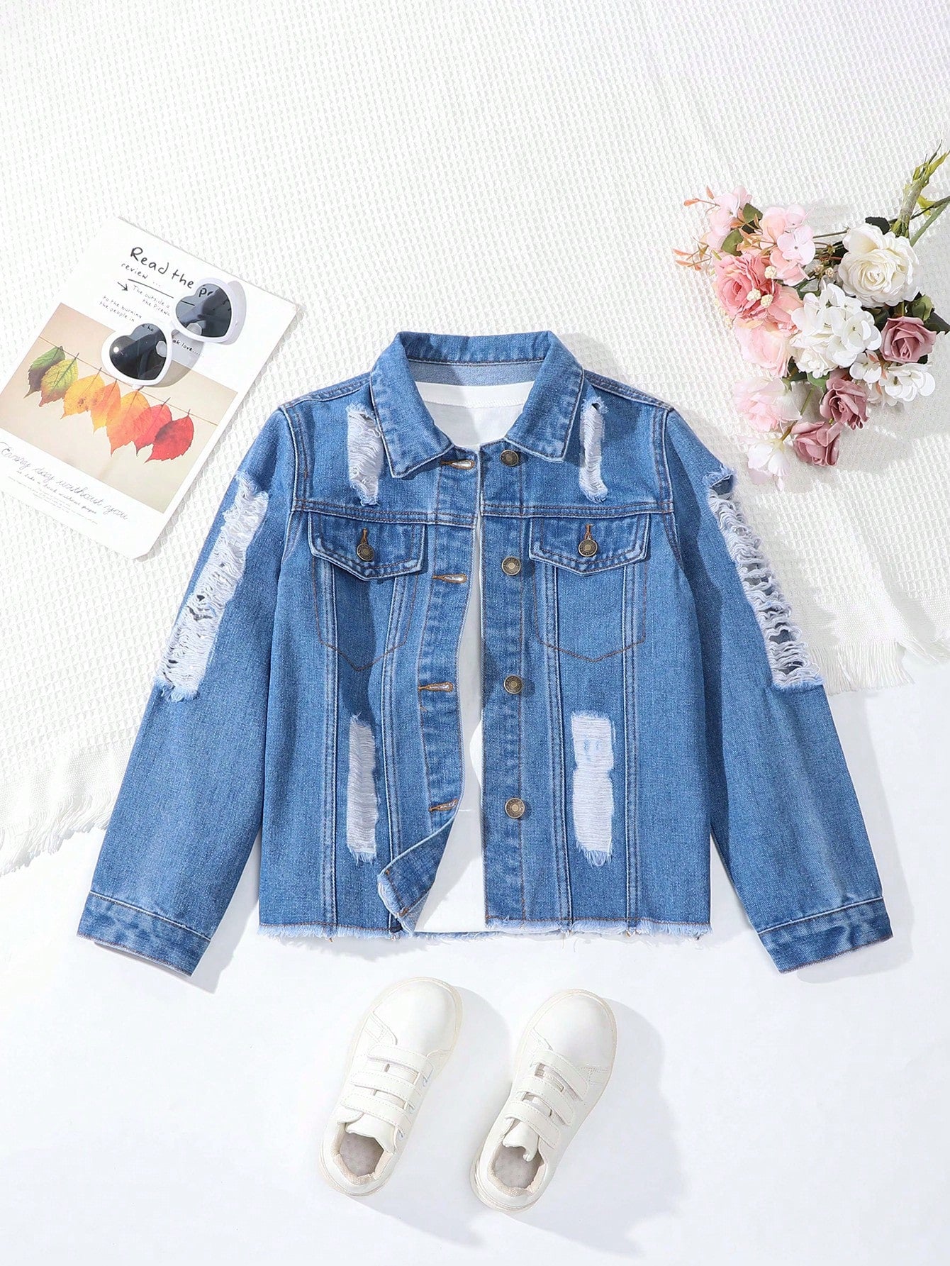 Tween Girl Cute And Lively Distressed Denim Jacket And Coat