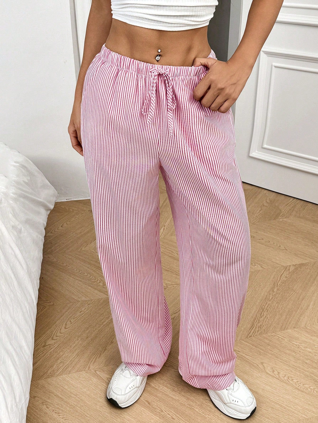 White Woven Women's Wide-Leg Pants