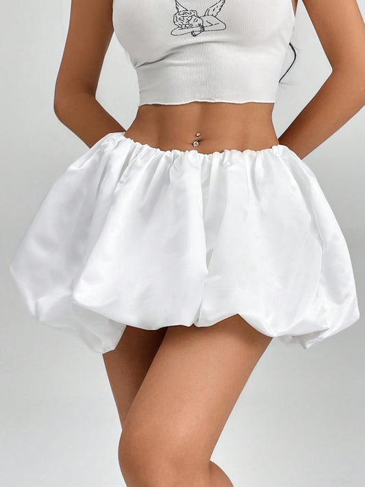 Solid Color Low Waist Pleated Bubble Fower Mini Skirt