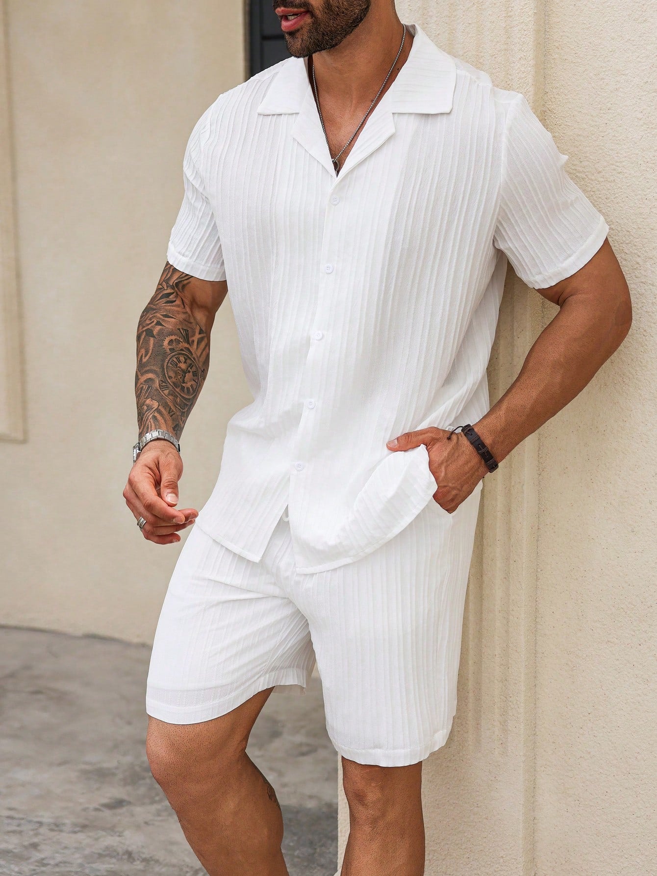 Men's Plus Size Striped Textured Shirt Set