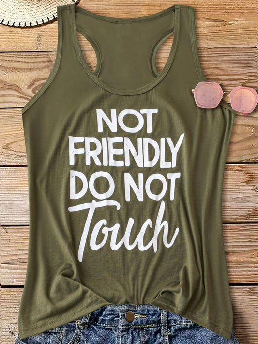 Plus Size Women's Slogan Print Sleeveless Top With Big Round Neckline, NOT FRIENDLY DO NOT Touch