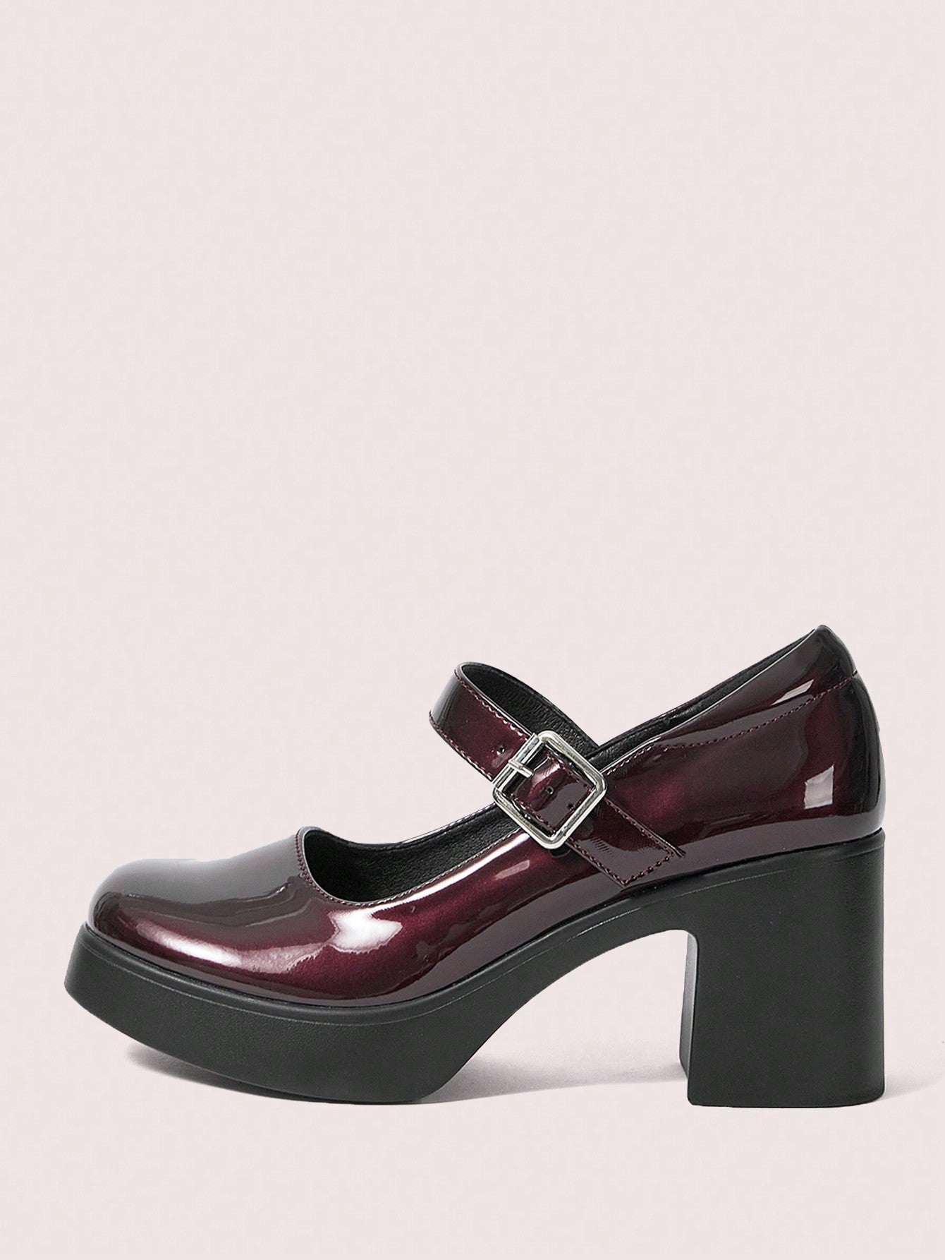 Women Buckle Decor Platform Chunky Heeled Pumps, Fashion Burgundy Mary Jane Pumps For Summer Graduation Heels Prom Heels