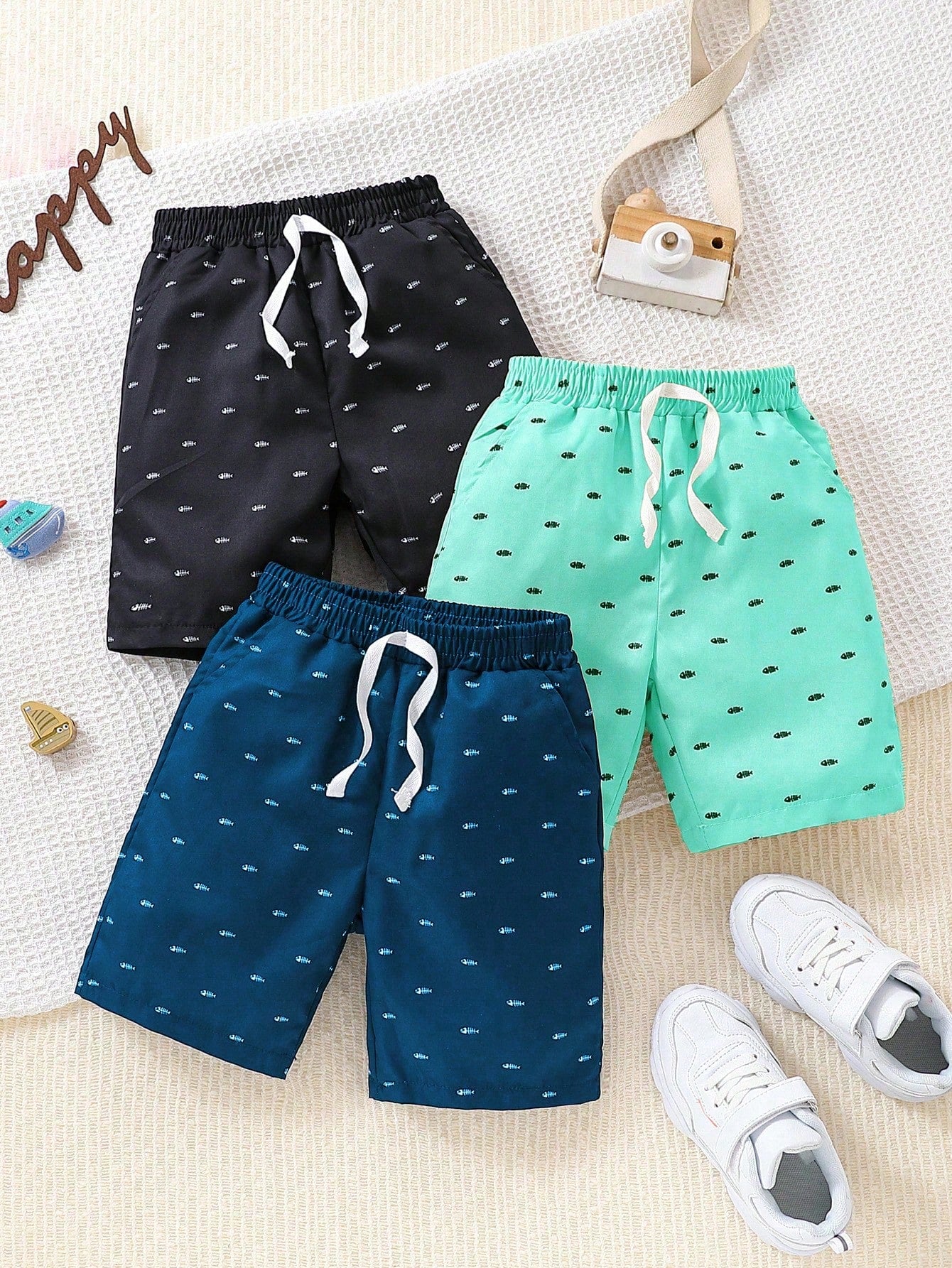 3pcs Young Boys' Casual Herringbone Print Shorts, Suitable For Summer Outdoor, School, Daily, Casual, Vacation, And Gathering