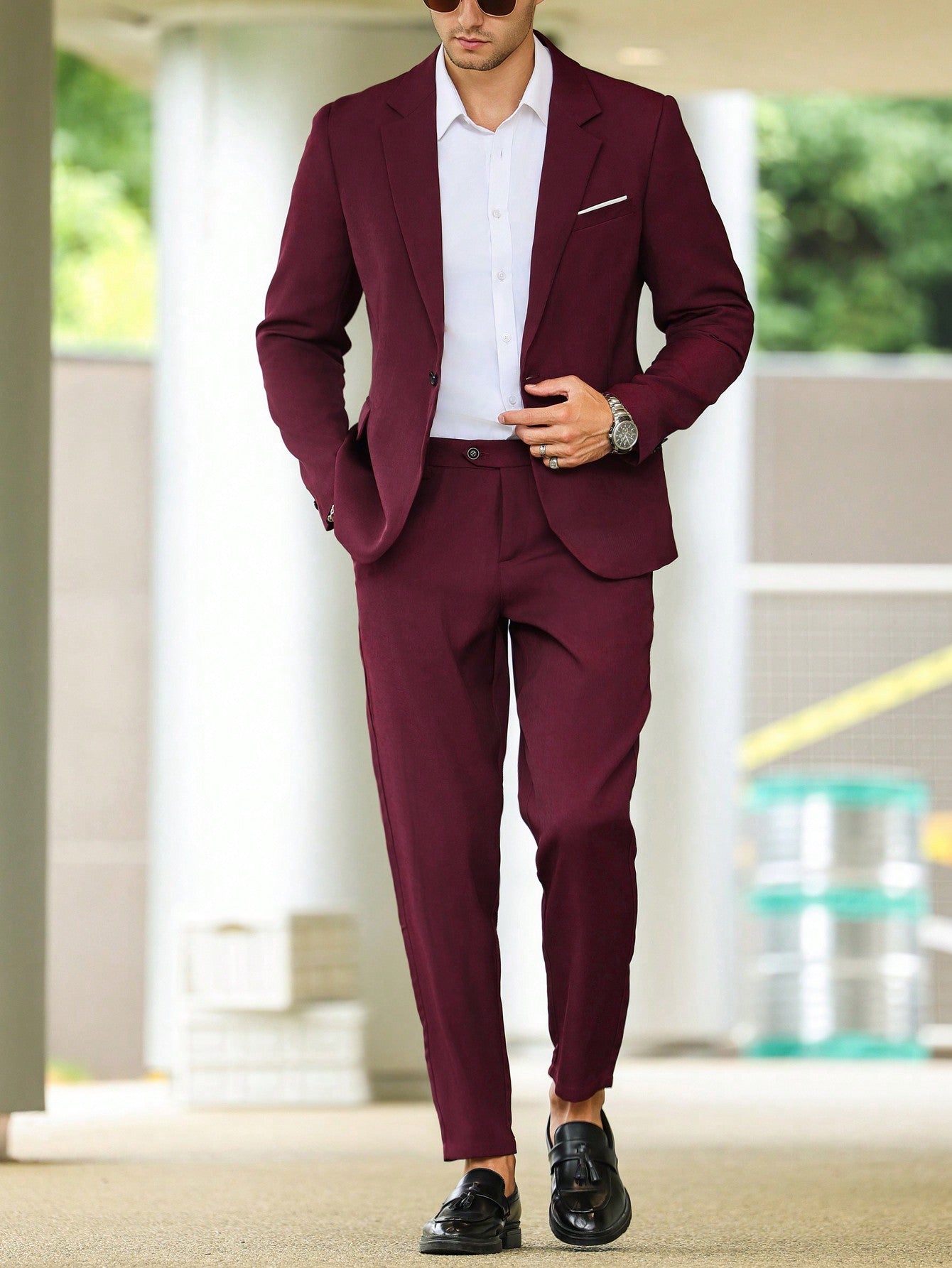 Men's Plus Size Solid Color Turn-Down Collar Long Sleeve Suit Jacket And Pants, Business Travel Suit Set