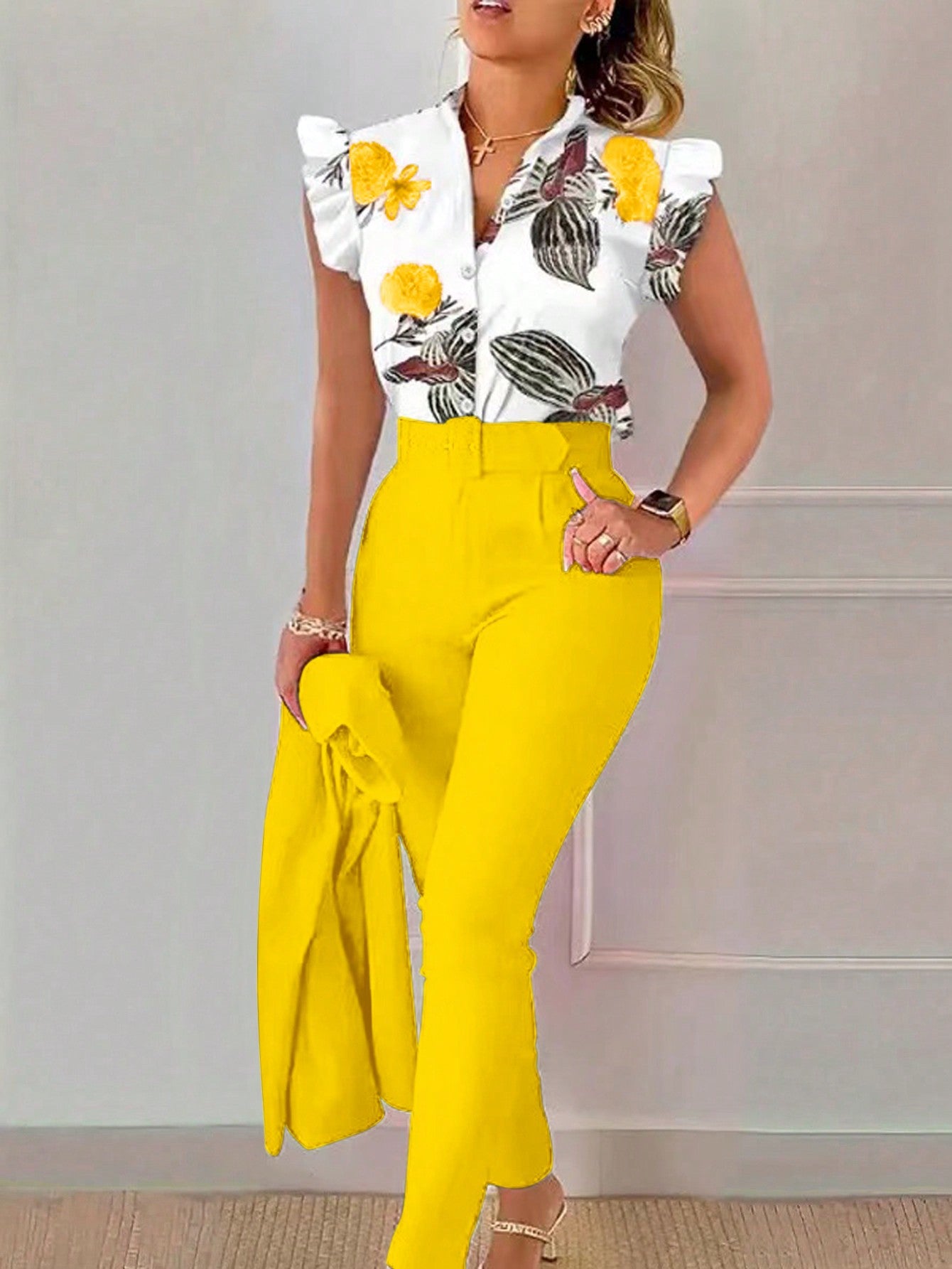 Summer Elegant Flower & Plant Printed Ruffle Hem Shirt And Solid Color Long Pants Two Piece Set