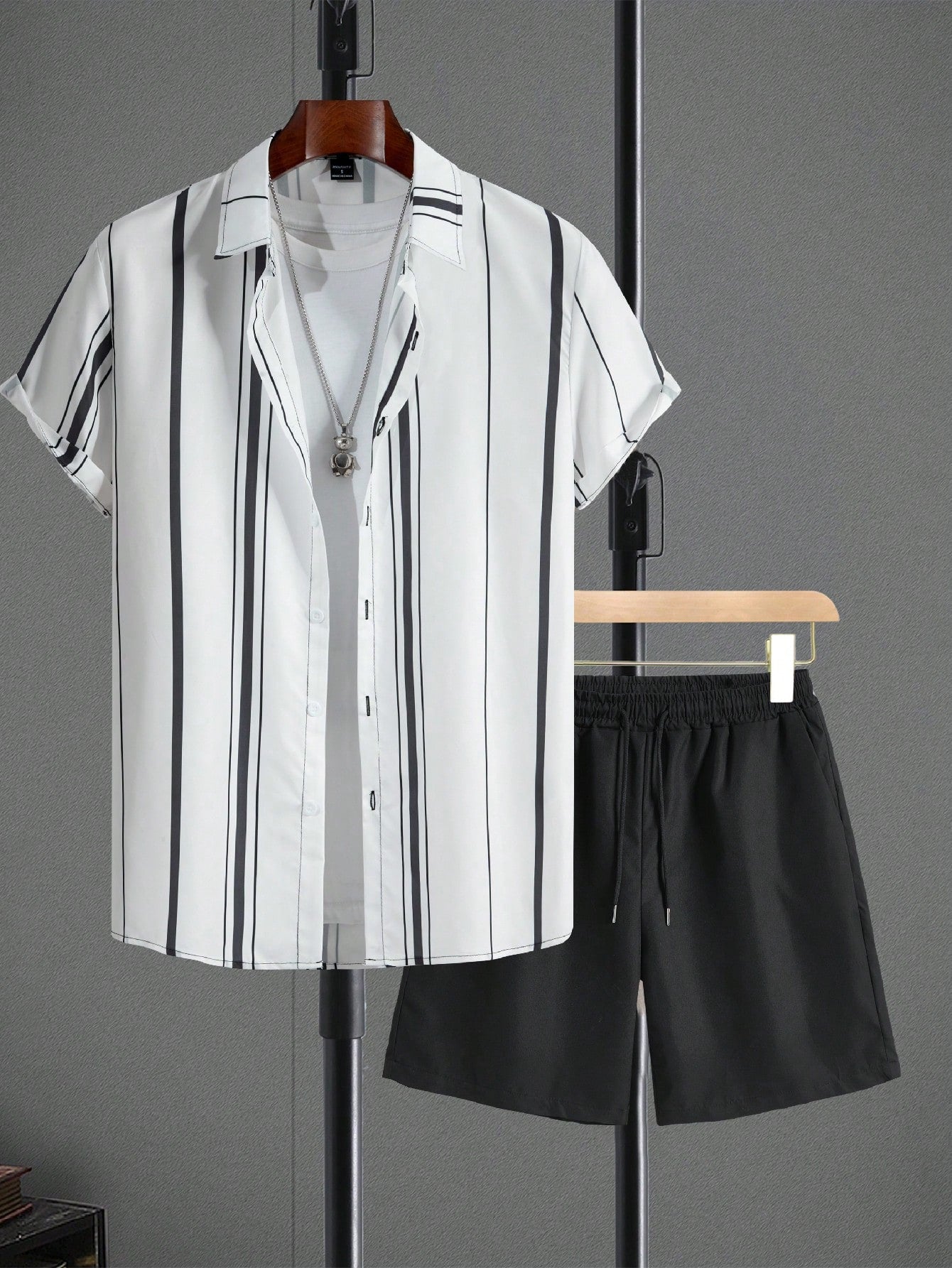 Men's Striped Printed Short Sleeve Shirt And Shorts Set