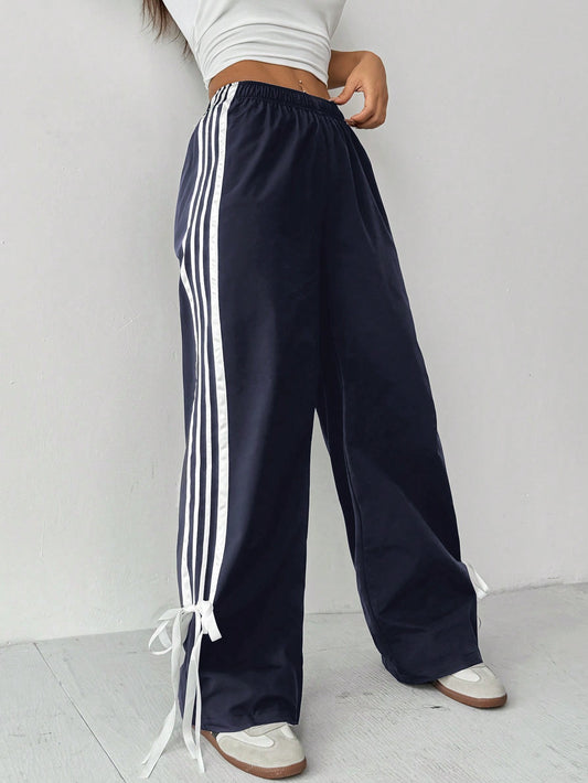 Ladies' Contrast Striped Side Seam Simple Style Casual Wide Leg Pants