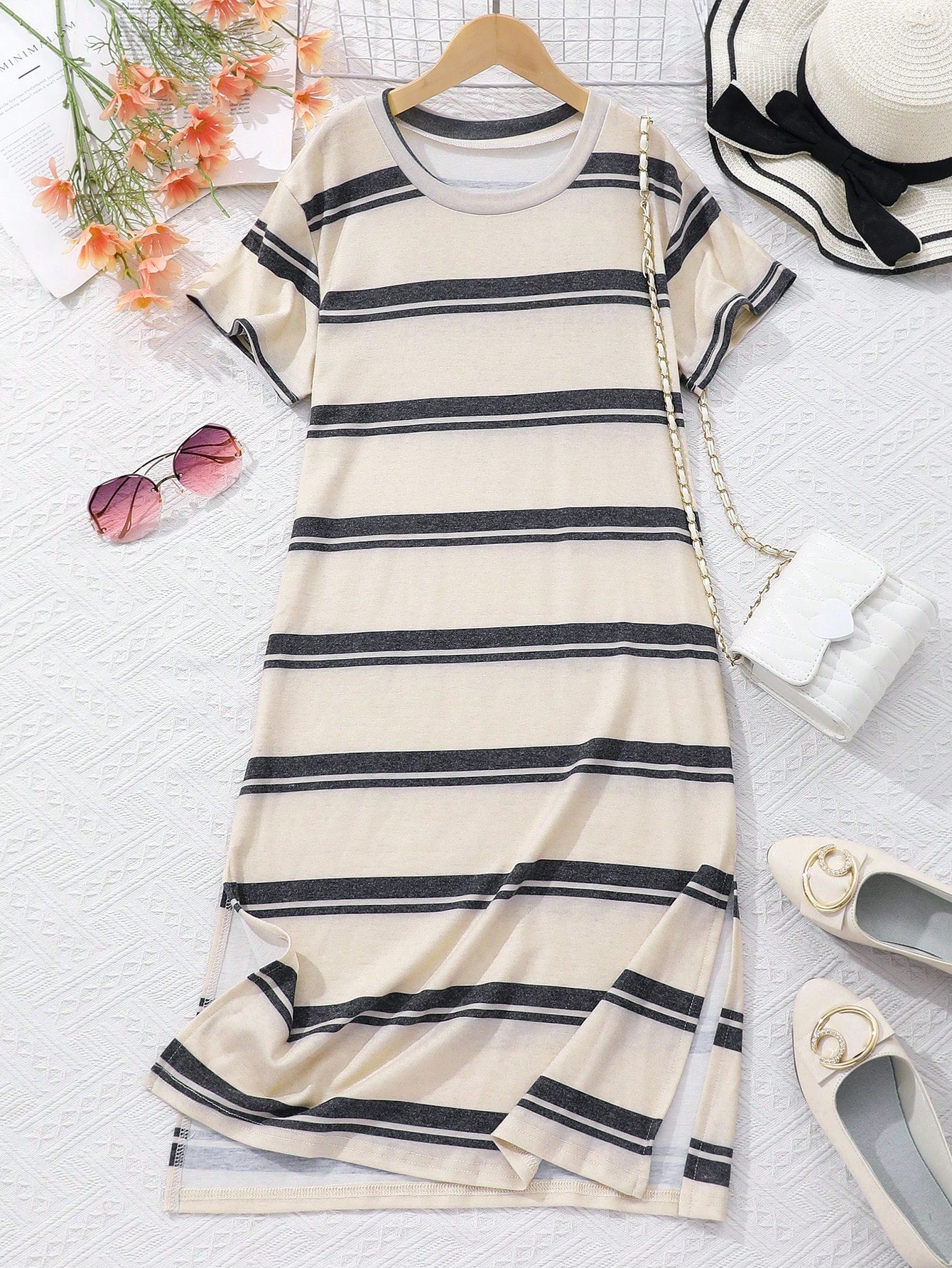 Summer Round Neck Short Sleeve Striped Casual T-Shirt Dress For Tween Girls