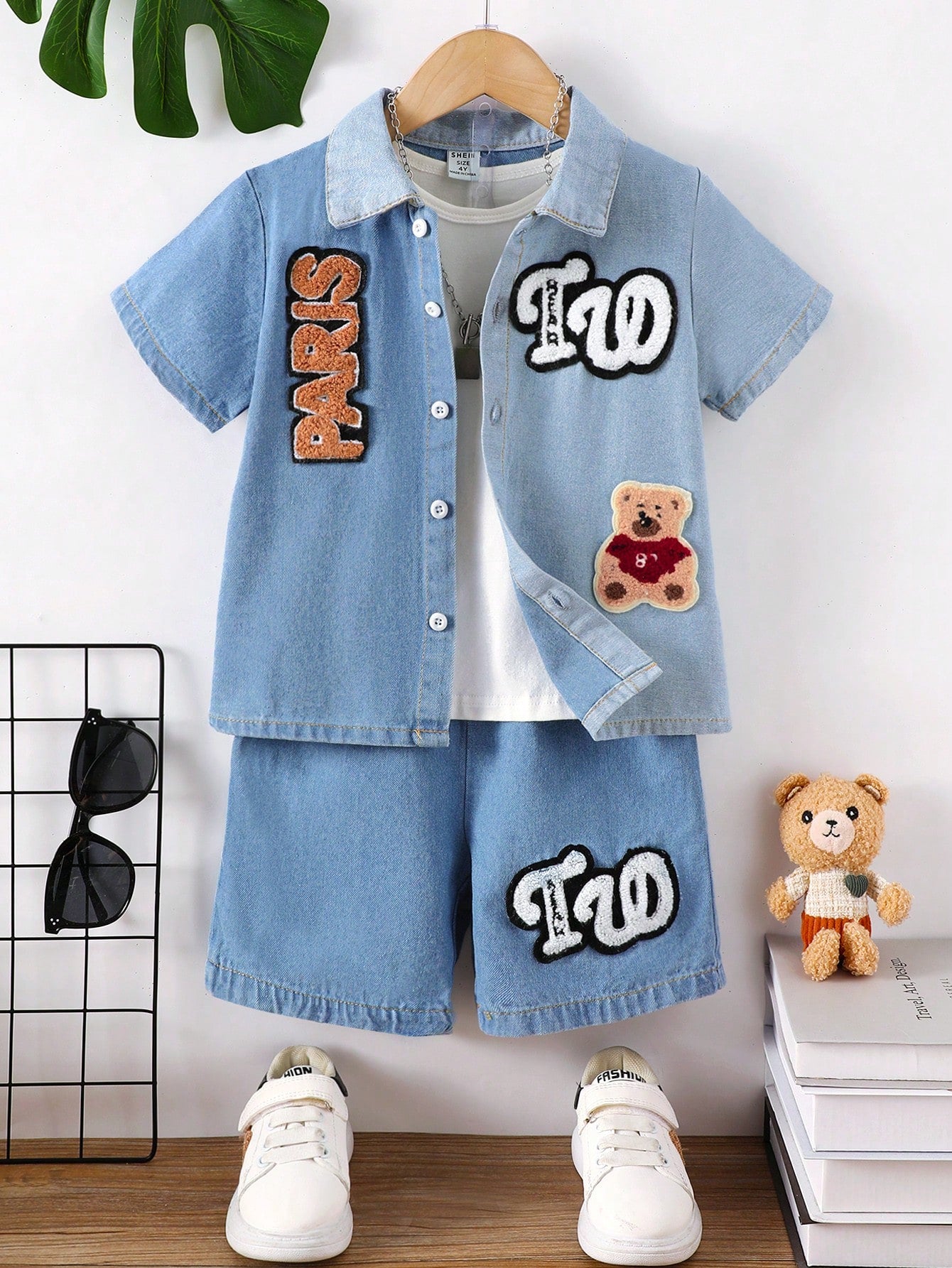 Streecool Kids Toddler Boys' Casual Bear & Letter Print Short Sleeve Shirt + Denim Shorts 2pcs/Set