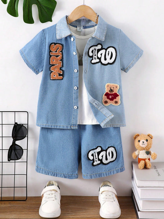 Streecool Kids Toddler Boys' Casual Bear & Letter Print Short Sleeve Shirt + Denim Shorts 2pcs/Set