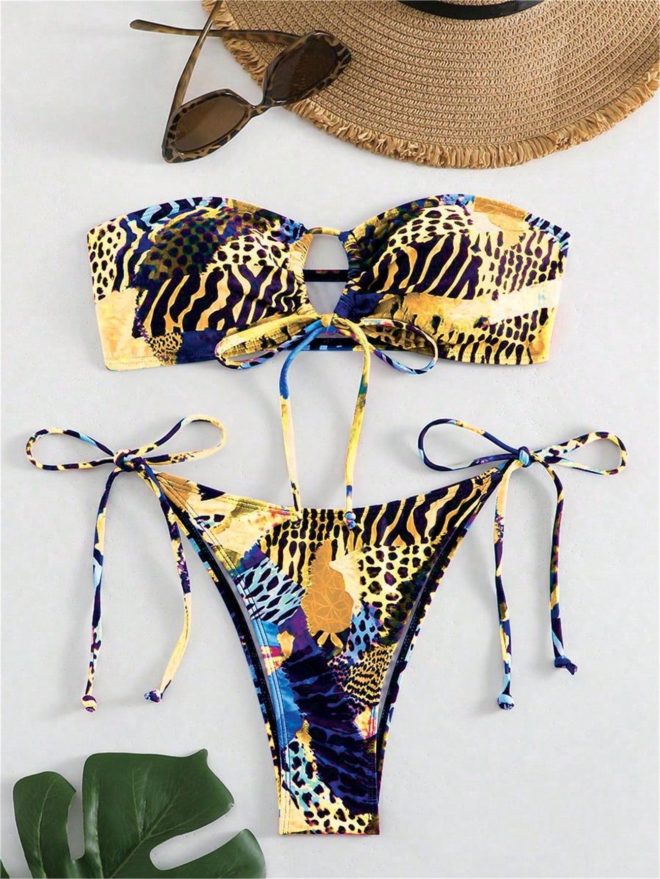 Swim Women's Animal Print Splice Bandeau Bikini Set, Printed Design Random, Strapless Bikini Set Bathing Suit Beach Outfit Summer Vacation,Summer Beach