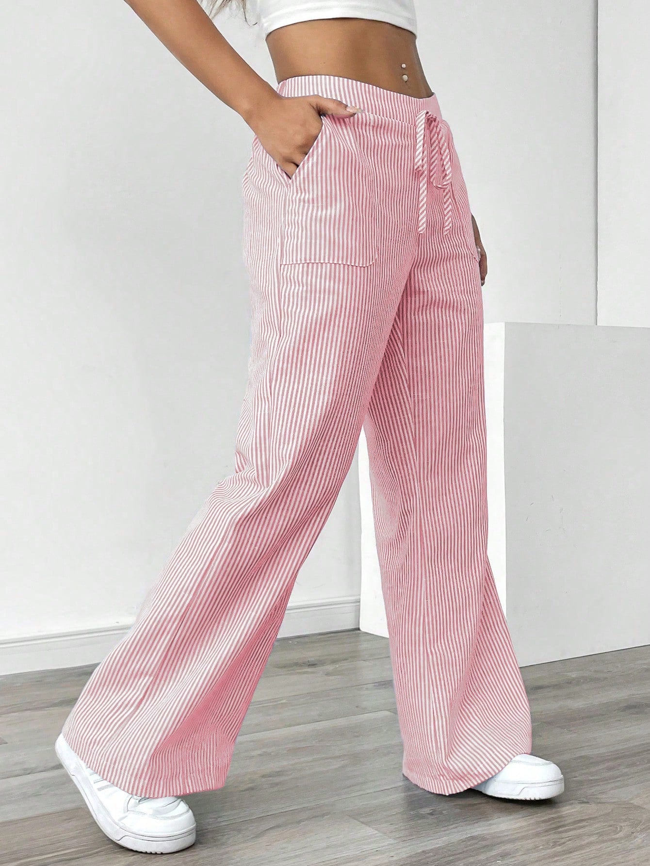 Women Blue Striped Wide Leg Lounge Pants, Casual & Holiday