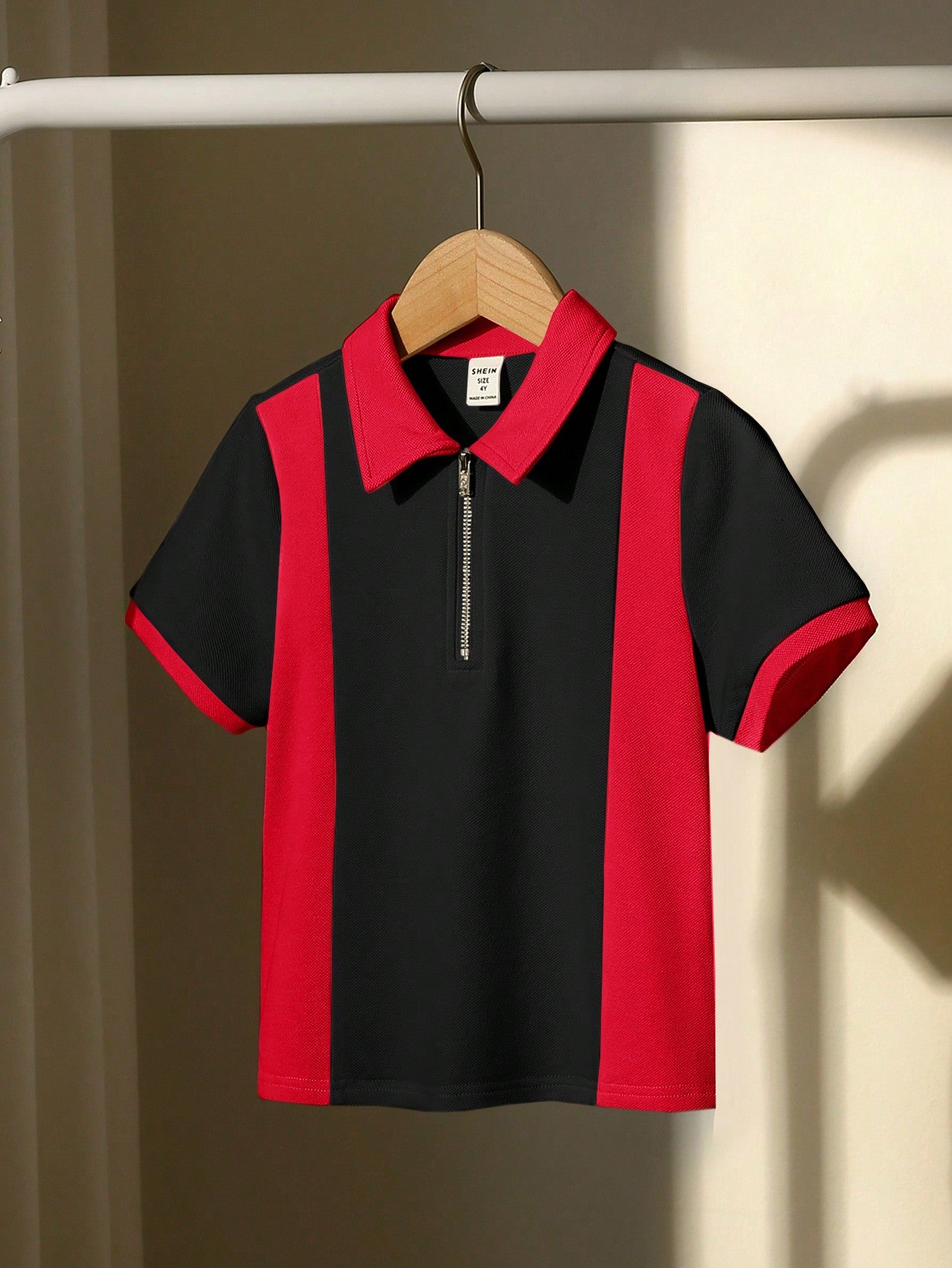 Young Boy's Casual Turn-Down Collar Color Block Short Sleeve Polo Shirt With Front Zipper