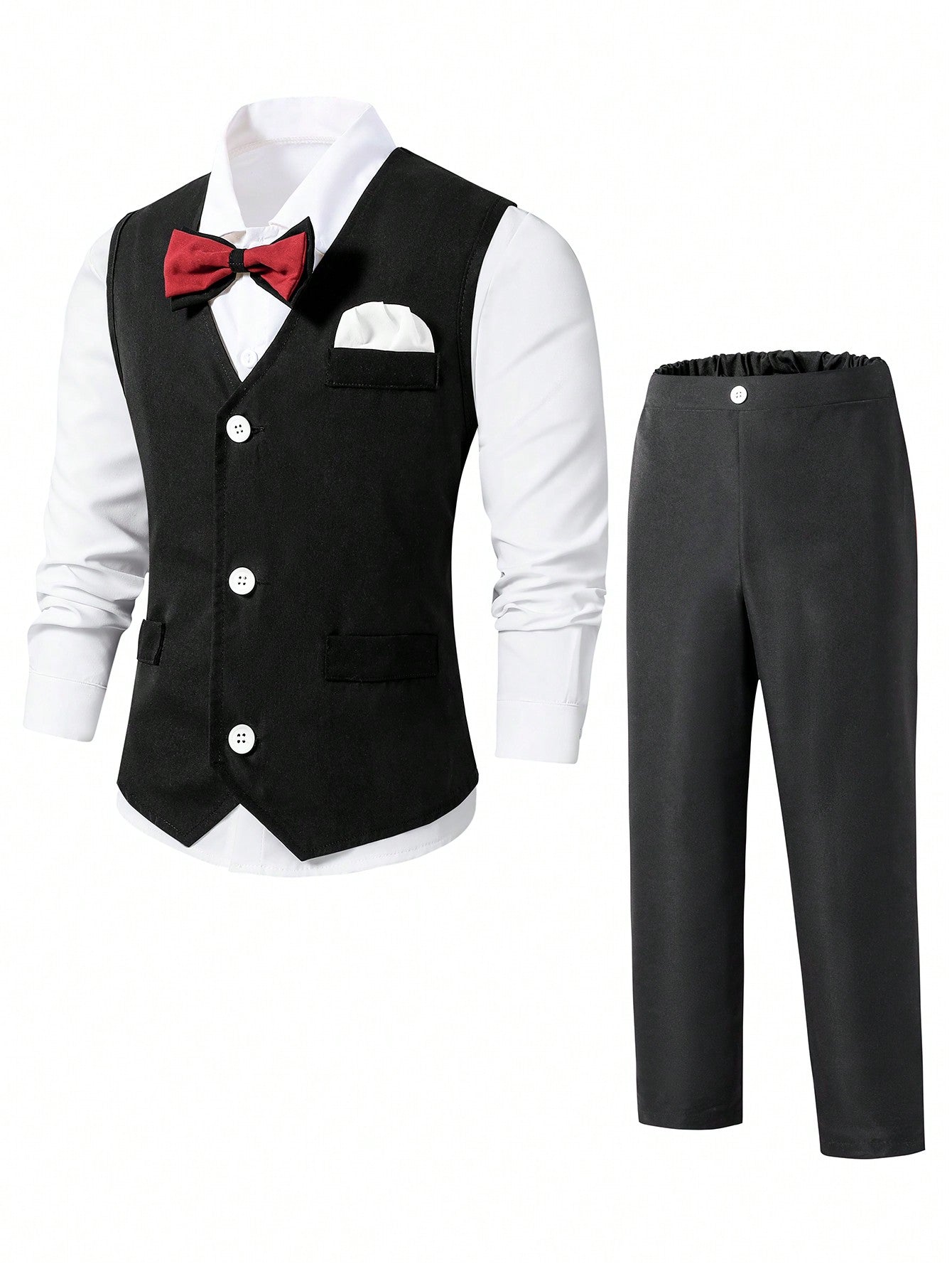 3pcs Tween Boys' Striped Double-Breasted Suit Vest, Jacket, Pants & Bow Tie Set, For Elegant &  Occasions Like Birthday Parties, Evening Events, Weddings, Baptisms, 1-Year-Old Birthdays, Wedding Seasons, Back To School