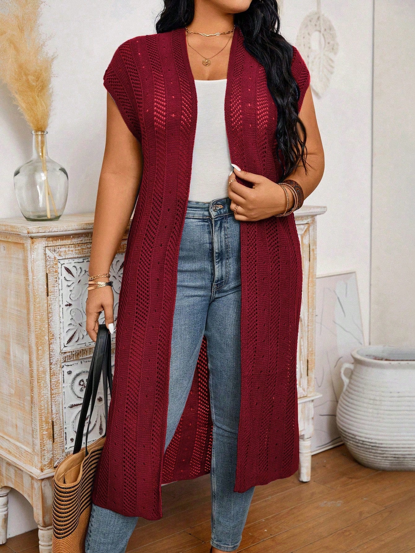 Plus Size Solid Color Long Cardigan With Flare Sleeves