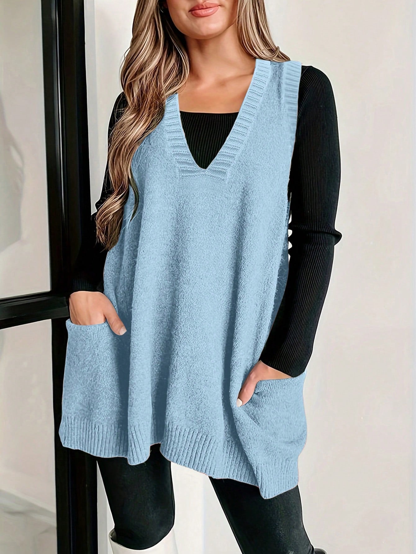 Plus Size Women's Solid Color Sweater Vest With Double Pockets