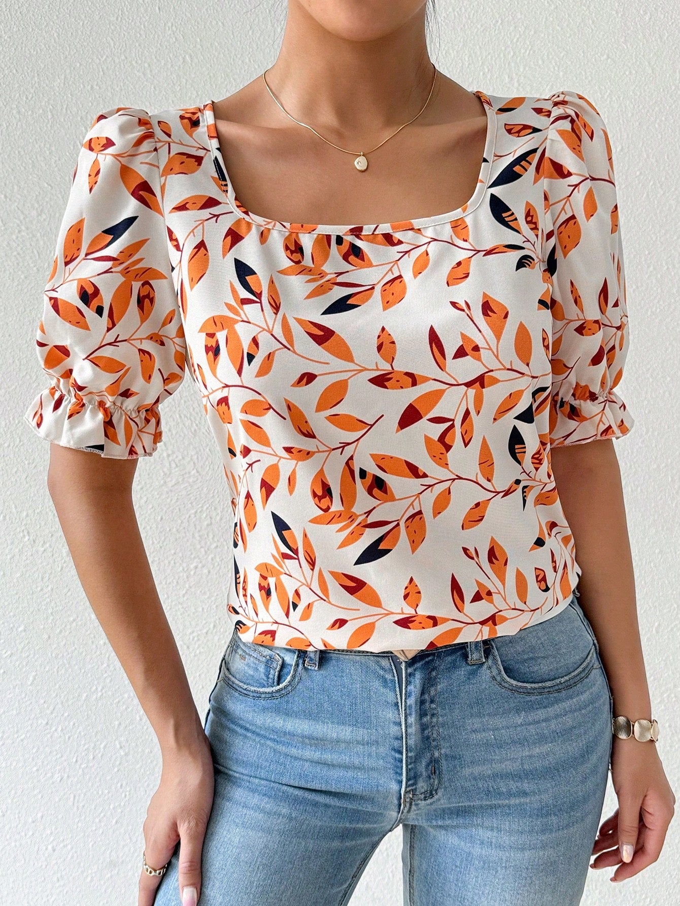 Floral Print Women's Vacation Loose-Fit Puff Sleeve Wide Neckline Shirt