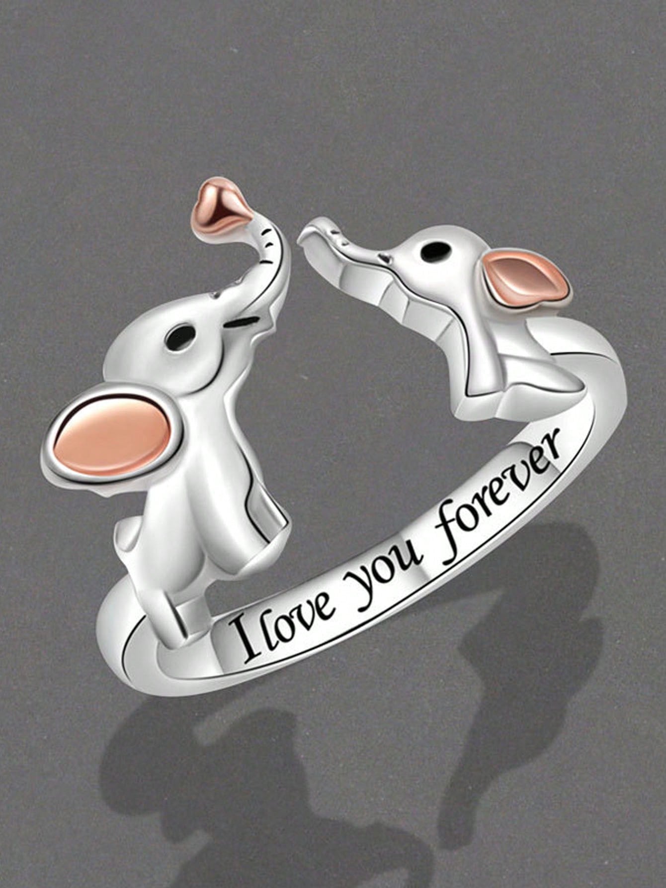 Mother-Daughter Elephant Ring, Engraved With 'I Love You Forever', 2 Elephant Heads, Unique Adjustable Open Ring