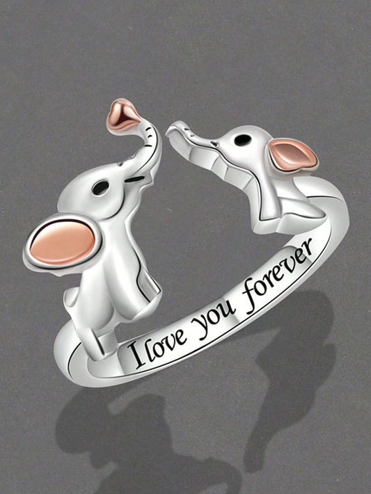 Mother-Daughter Elephant Ring, Engraved With 'I Love You Forever', 2 Elephant Heads, Unique Adjustable Open Ring