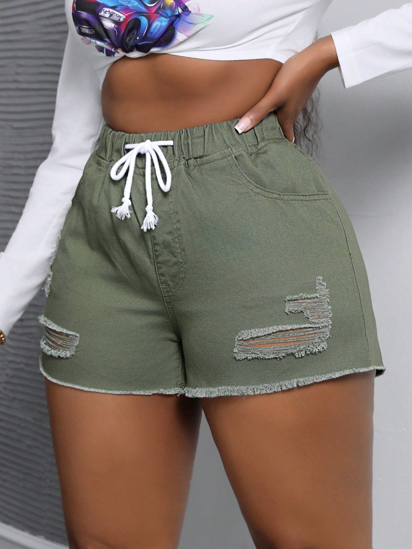 Plus Ripped Raw Cut Tie Front Denim Shorts