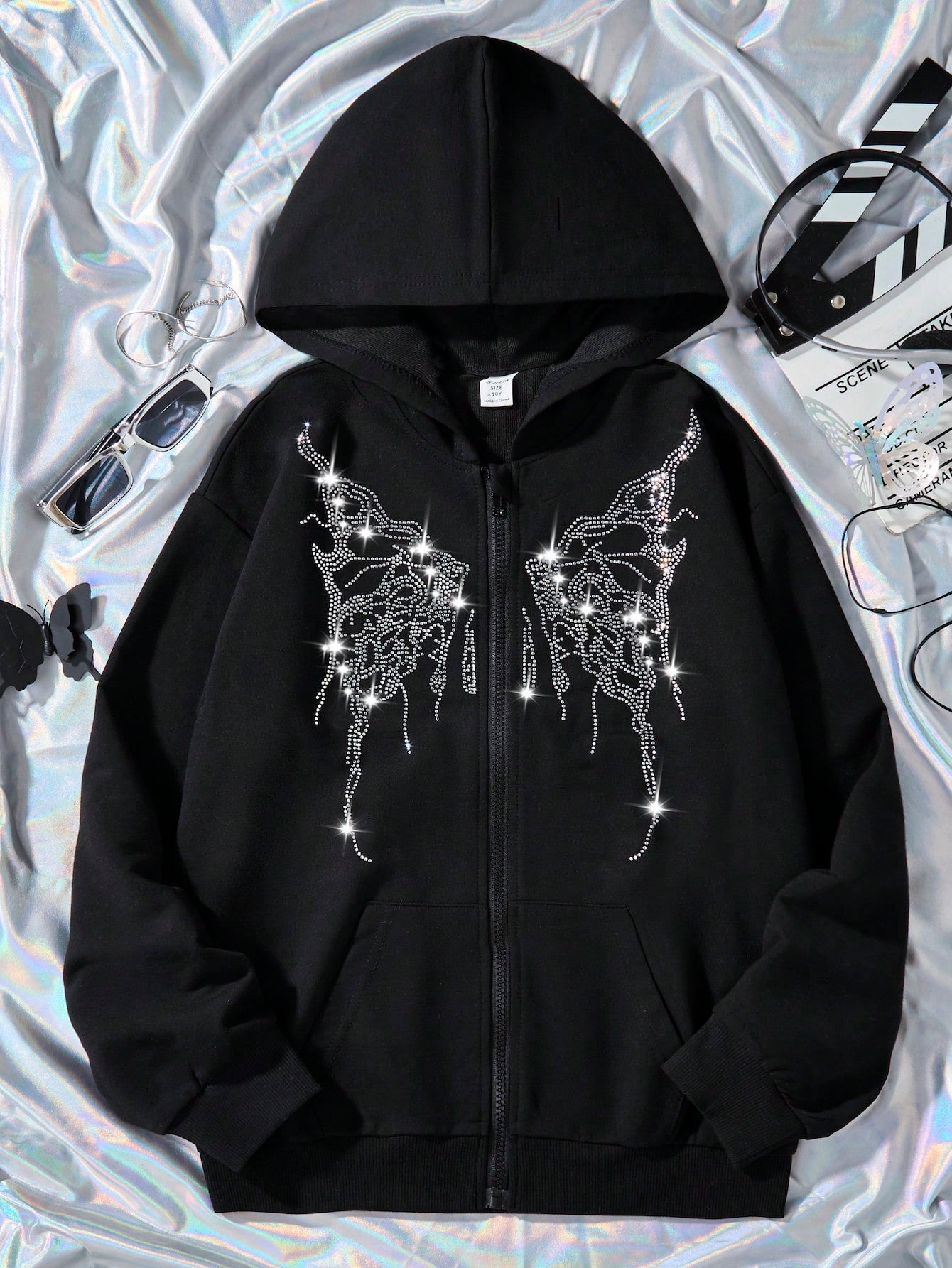 Tween Girl's Hooded Zipper Casual Sweatshirt With Butterfly Rhinestone Pattern And Inserted Pockets