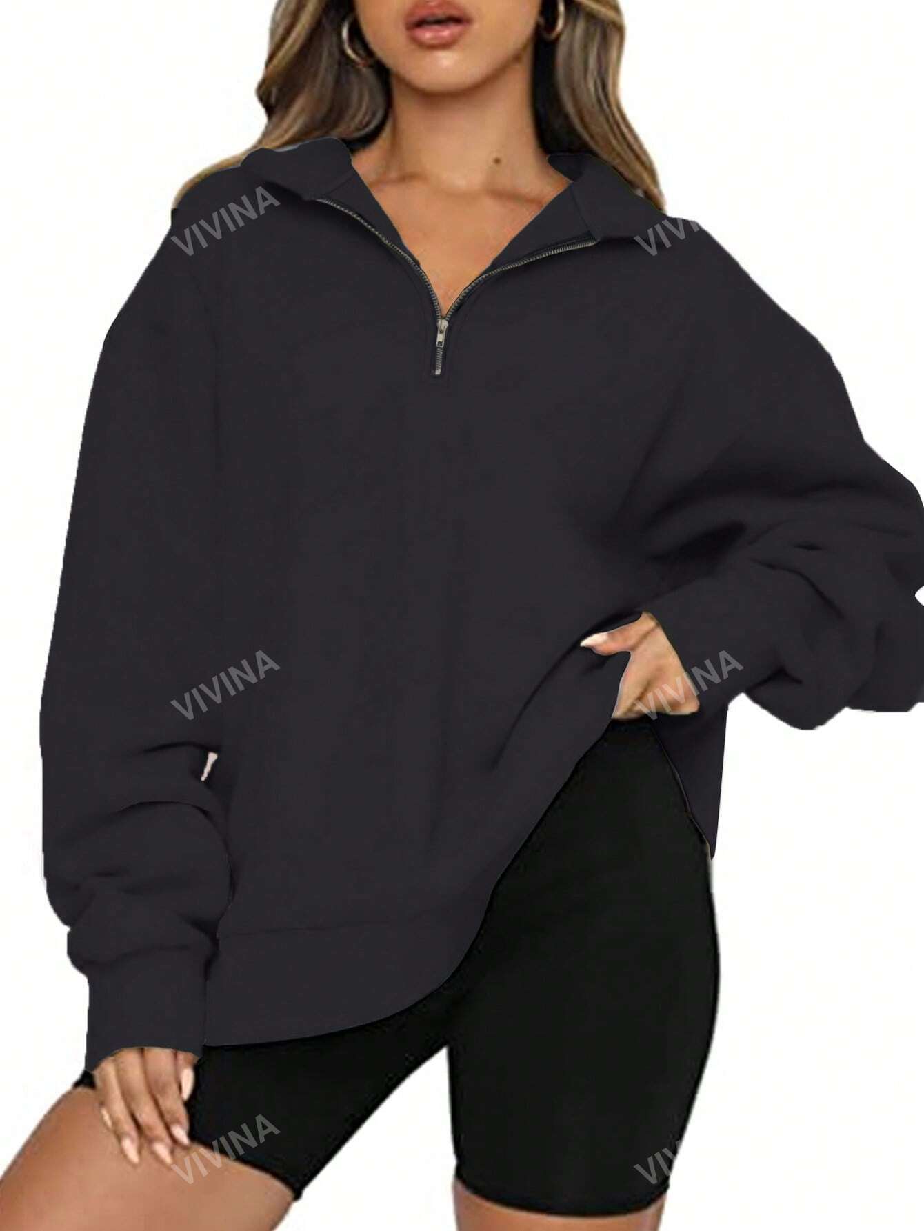 Plus Size Collared Zipper Casual Long Sleeve Pullover Sweatshirt