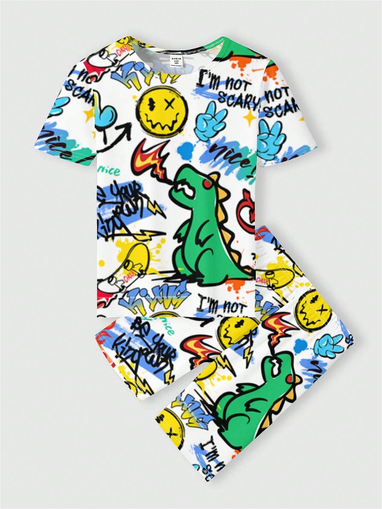 Tween Boys' Casual Cartoon Dinosaur Printed Short Sleeve Round Neck T-Shirt And Shorts Set, Snug Fit, Suitable For Summer And Home Wear